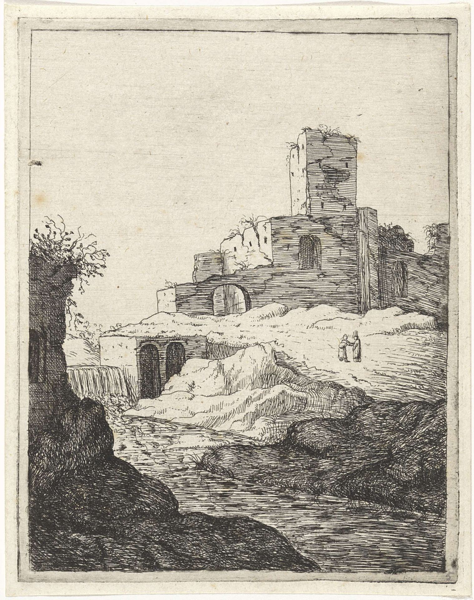Ruïne met een toren bij een waterval by M. Schaep