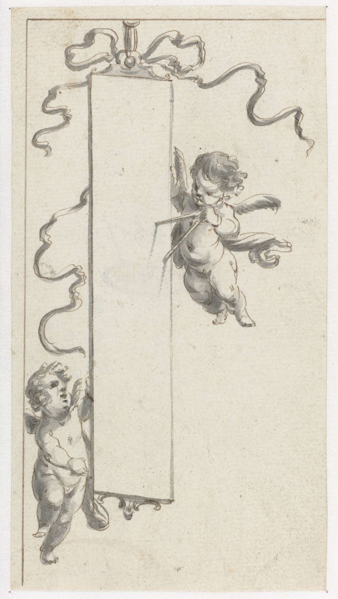 Langwerpige cartouche met twee putti by Pieter Jansz.