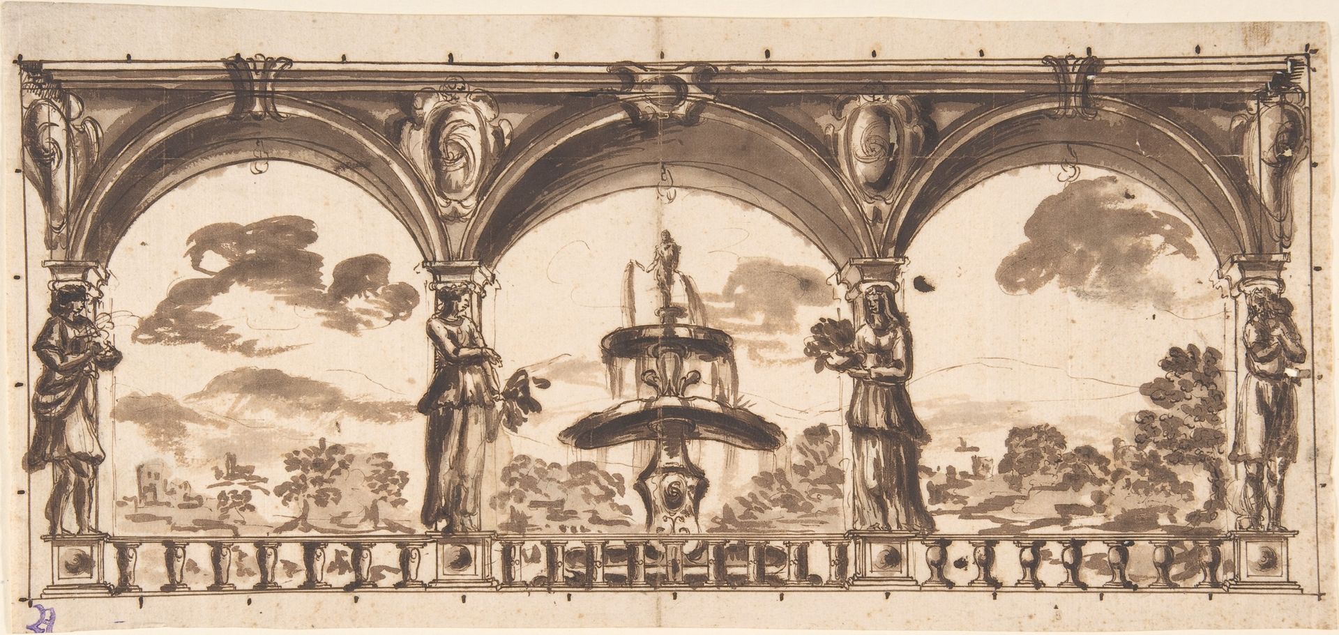 Loggia with Caryatids before a Fountain and Landscape by Anonymous
