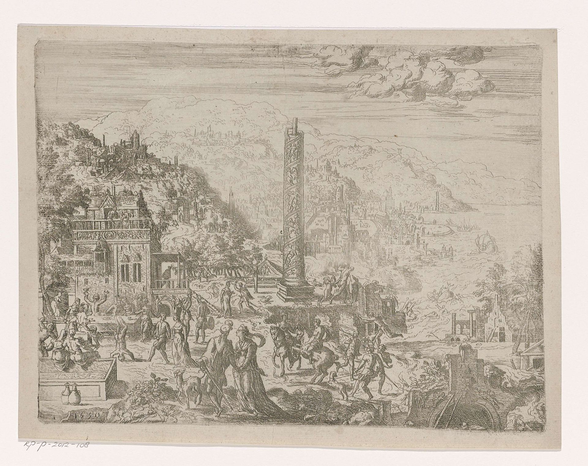 Zuidelijk landschap met feestend gezelschap en antieke zuil by Pieter van der (I) Borcht