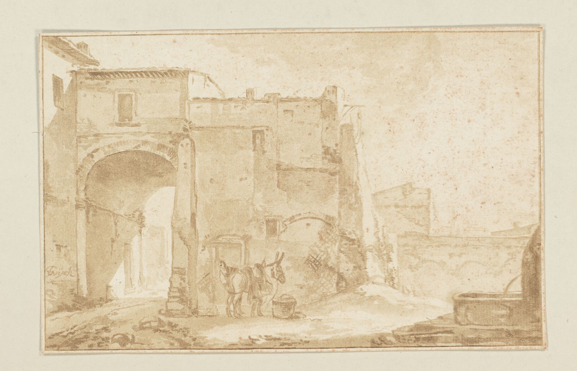 Poort met reiziger en muildier by Cornelis Brouwer