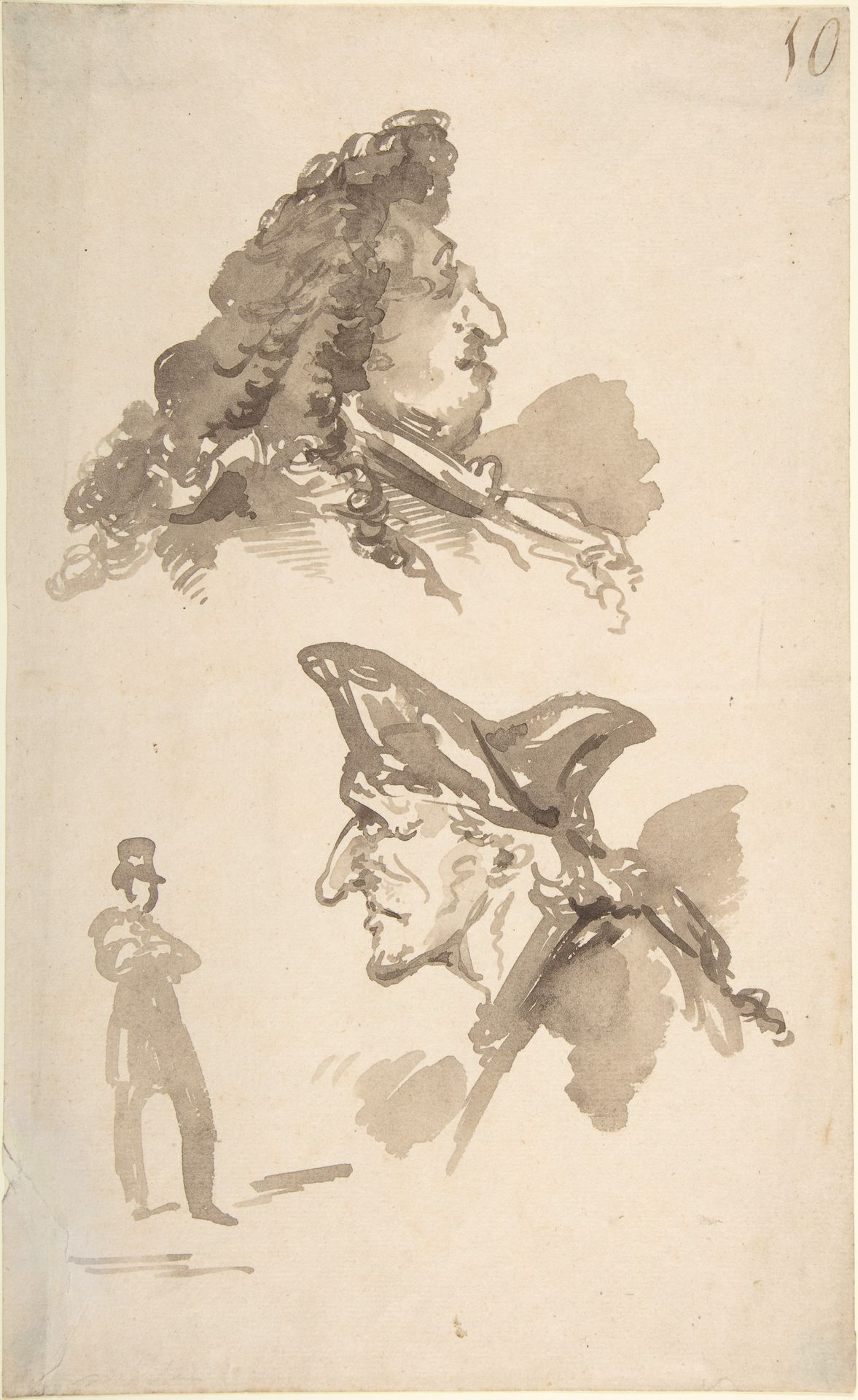Sheet of Studies:  Two Male Heads in Profile and Standing Man by Jean-Baptiste Isabey