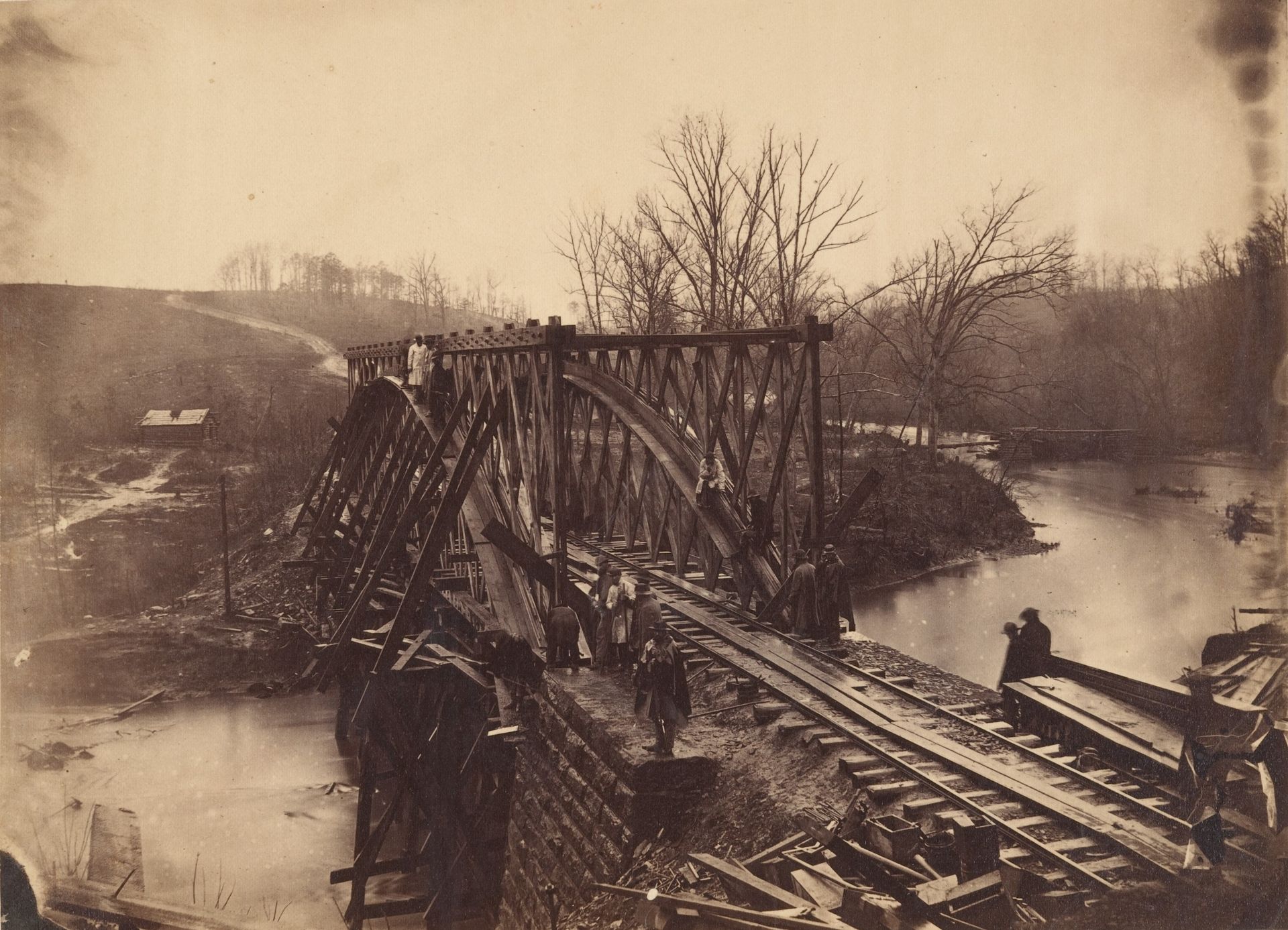Part of Construction Corps Building New Military Truss Bridge Across Bull Run by Egbert Guy Fowx