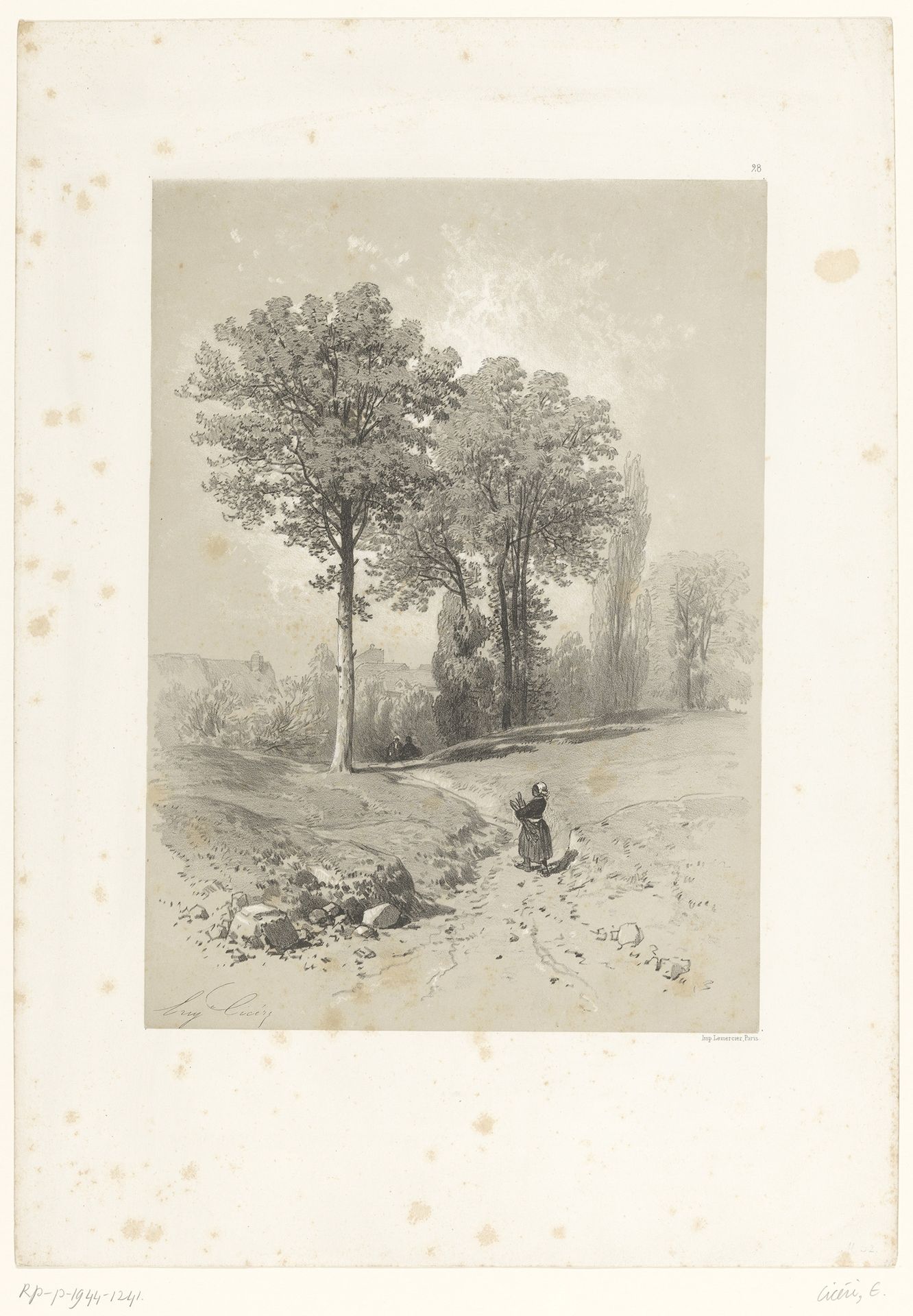 Vrouw met sprokkelhout op pad bij bomen by Eugène Cicéri