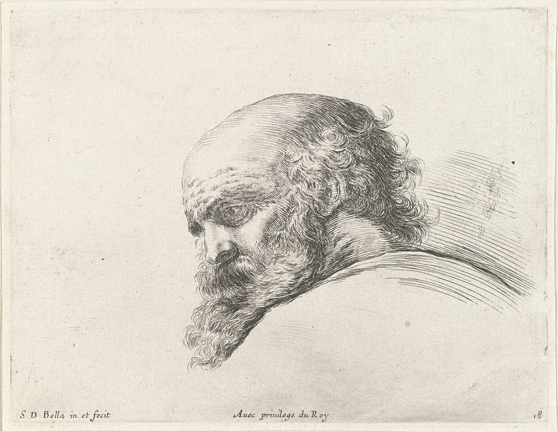 Hoofd van een kale oude man met baard, links naar beneden kijkend (mogelijk H. Petrus) by Stefano della Bella