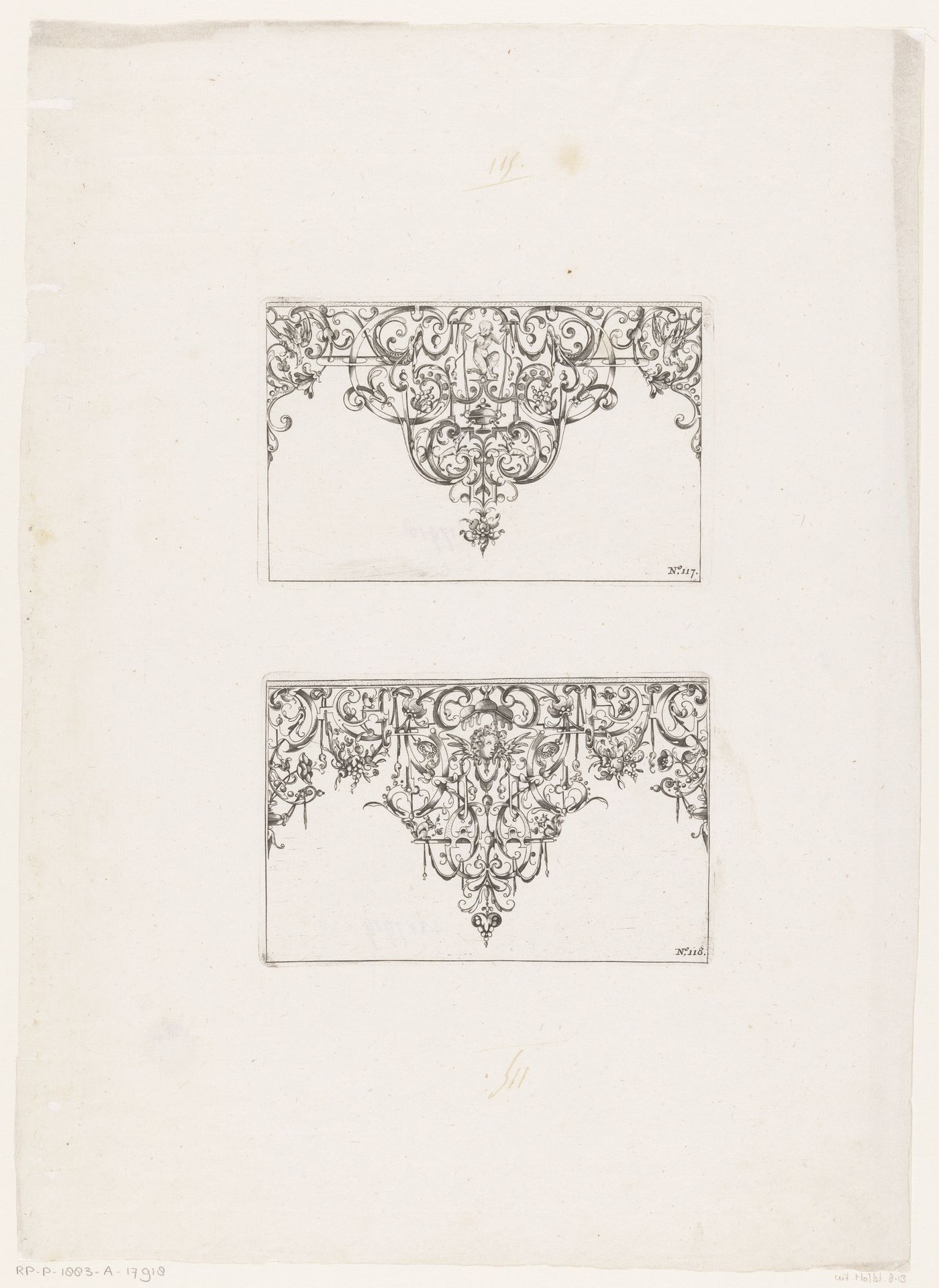 Ornamenten met bloemen, aap en masker by Anonymous