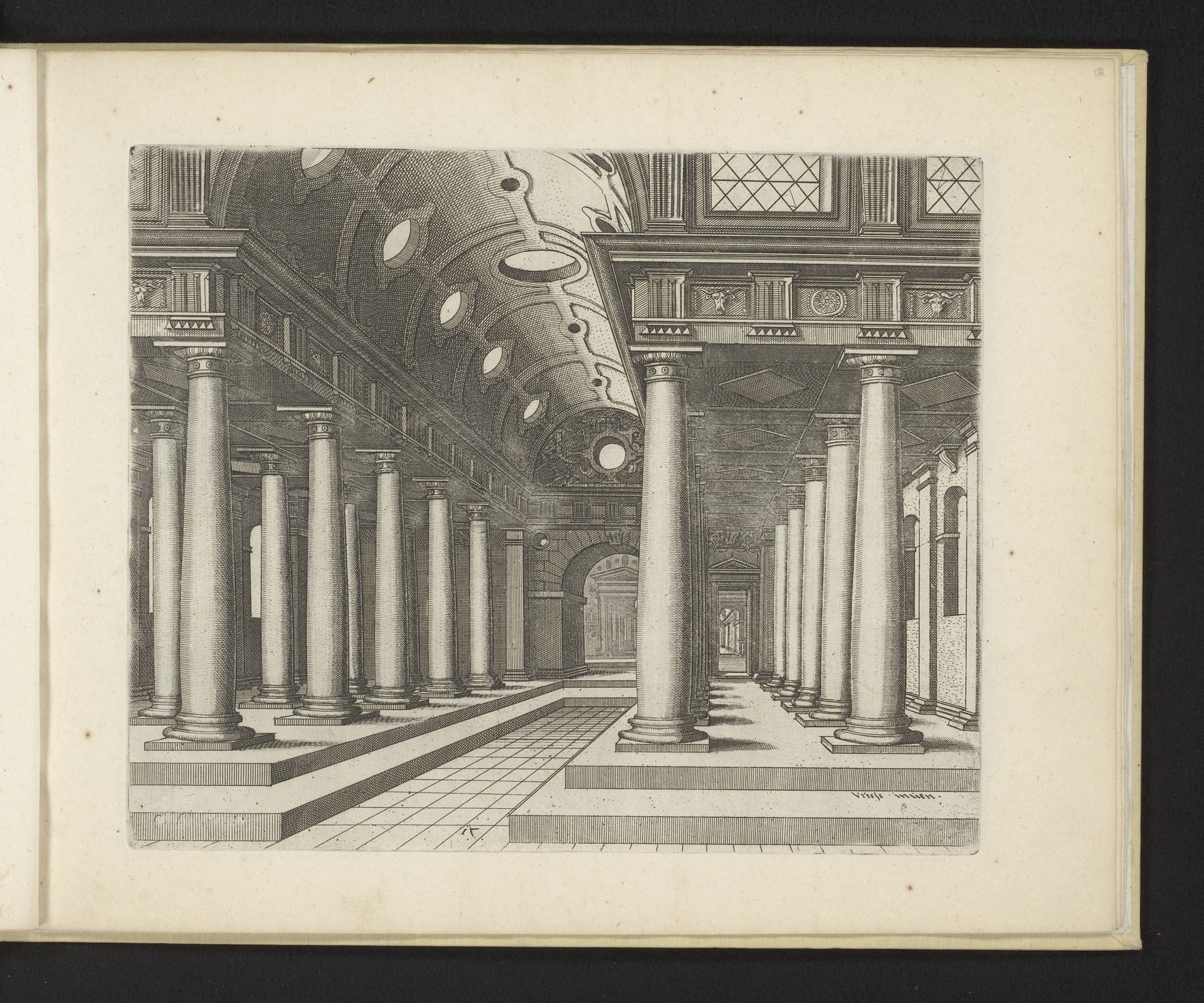 Hal met tongewelf en zuilen van de Toscaanse orde by Johannes of Lucas van Doetechum