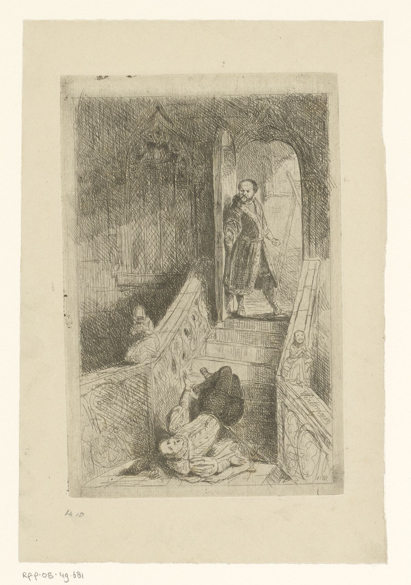 Erasmus bovenaan een trap met onderaan een gevallen man by Guillaume Joseph Vertommen