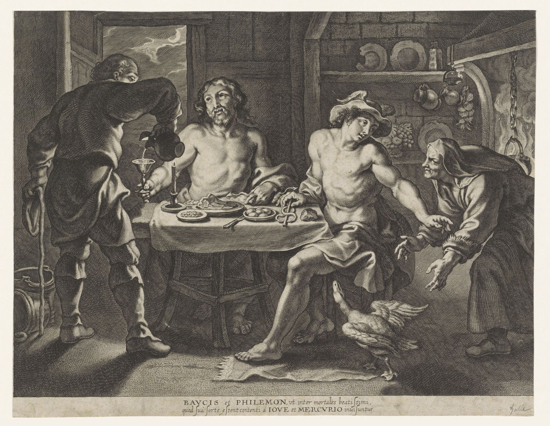 Jupiter en Mercurius in het huis van Philemon en Baucis by Cornelis Galle I