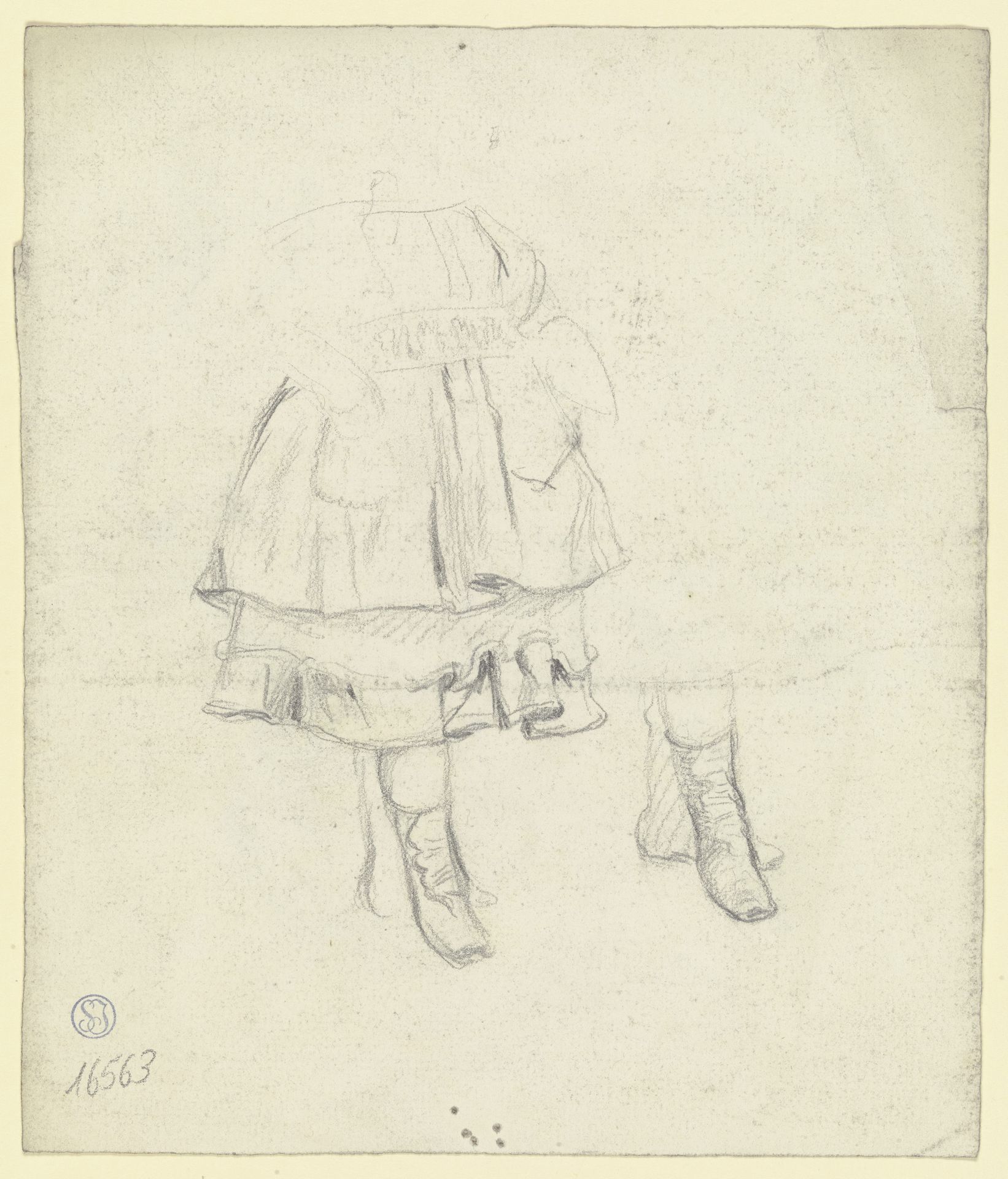 Der Unterkörper eines Mädchens mit Rock und Schürze, rechts ein Schnürstiefel by Otto Scholderer