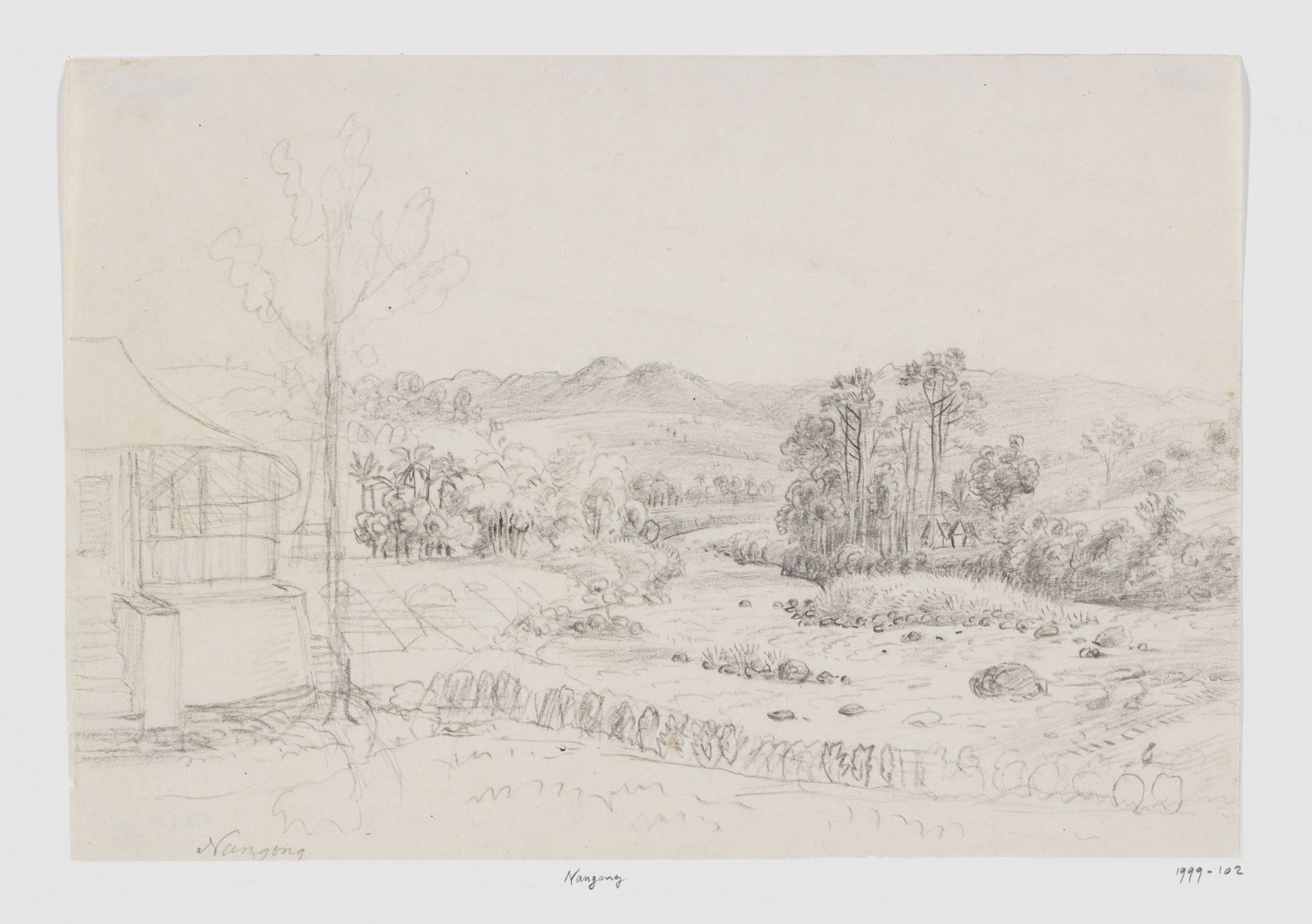 Huis aan een rivier en landschap in Nanggung, ten westen van Buitenzorg, West-Java by Adrianus Johannes Bik