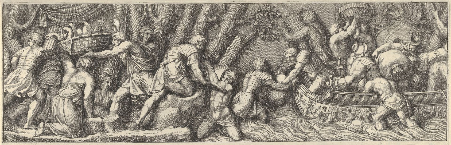 Plate 5: figures unloading goods from a boat at the right by Pietro Santi Bartoli