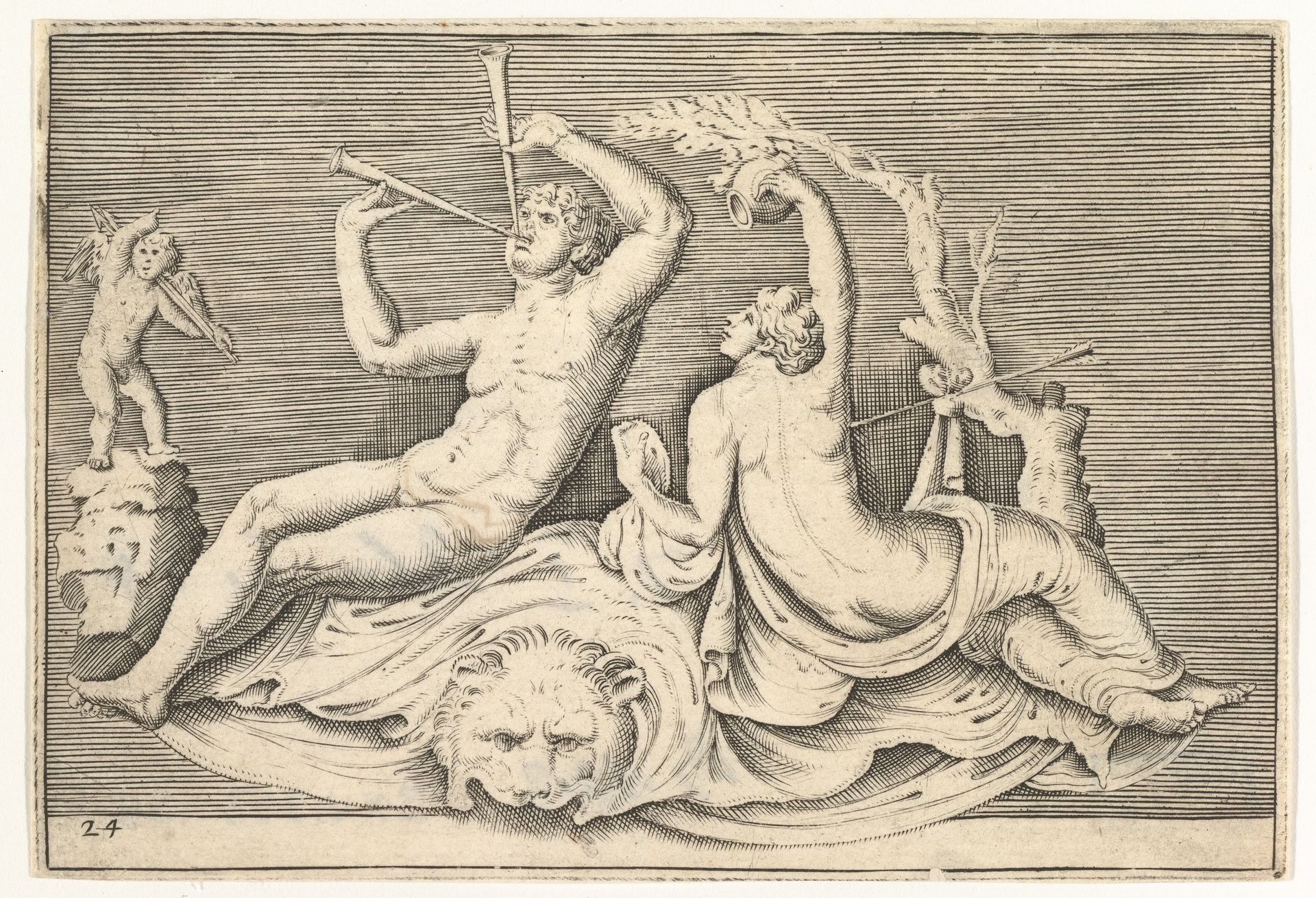 Man Playing Two Flutes and Woman on Lionskin, from "Ex Antiquis Cameorum et Gemmae Delineata/ Liber Secundus/et ab Enea Vico Parmen Incis" by Anonymous