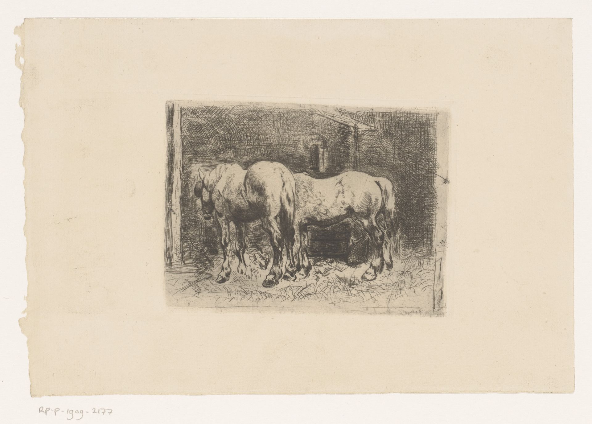 Twee paarden op stal by Vicomte Arthur-Jean Le Bailly d'Inghuem