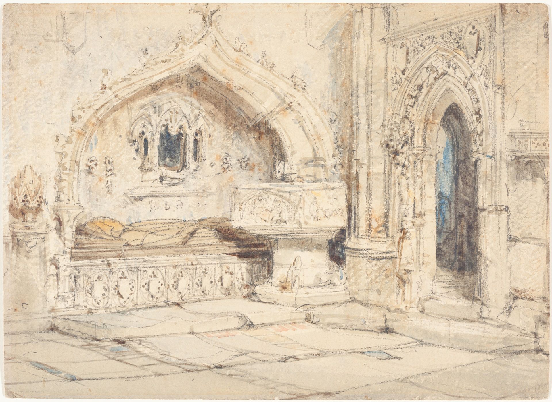 Interior of a Church with a Wall Tomb and Medieval Font by Louis Haghe