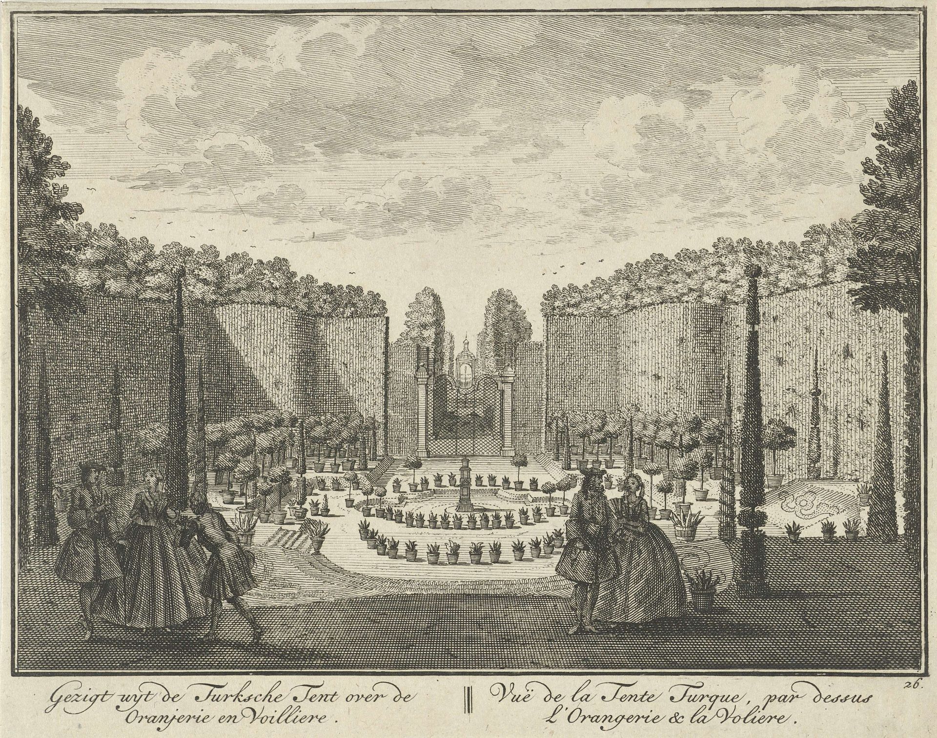 Gezicht vanuit de Turkse Tent op de oranjerie en de volière in de tuin van Huis ter Meer te Maarssen by Hendrik de Leth