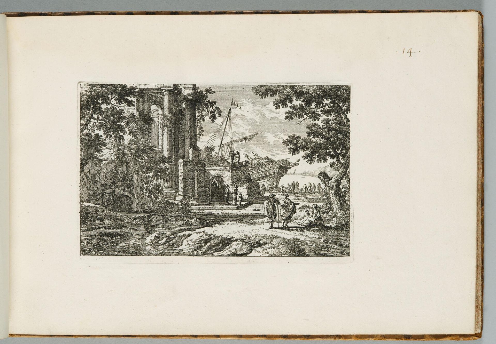 Seaport with a Barque behind a Large Colonnaded Classical Ruin by Adam Perelle