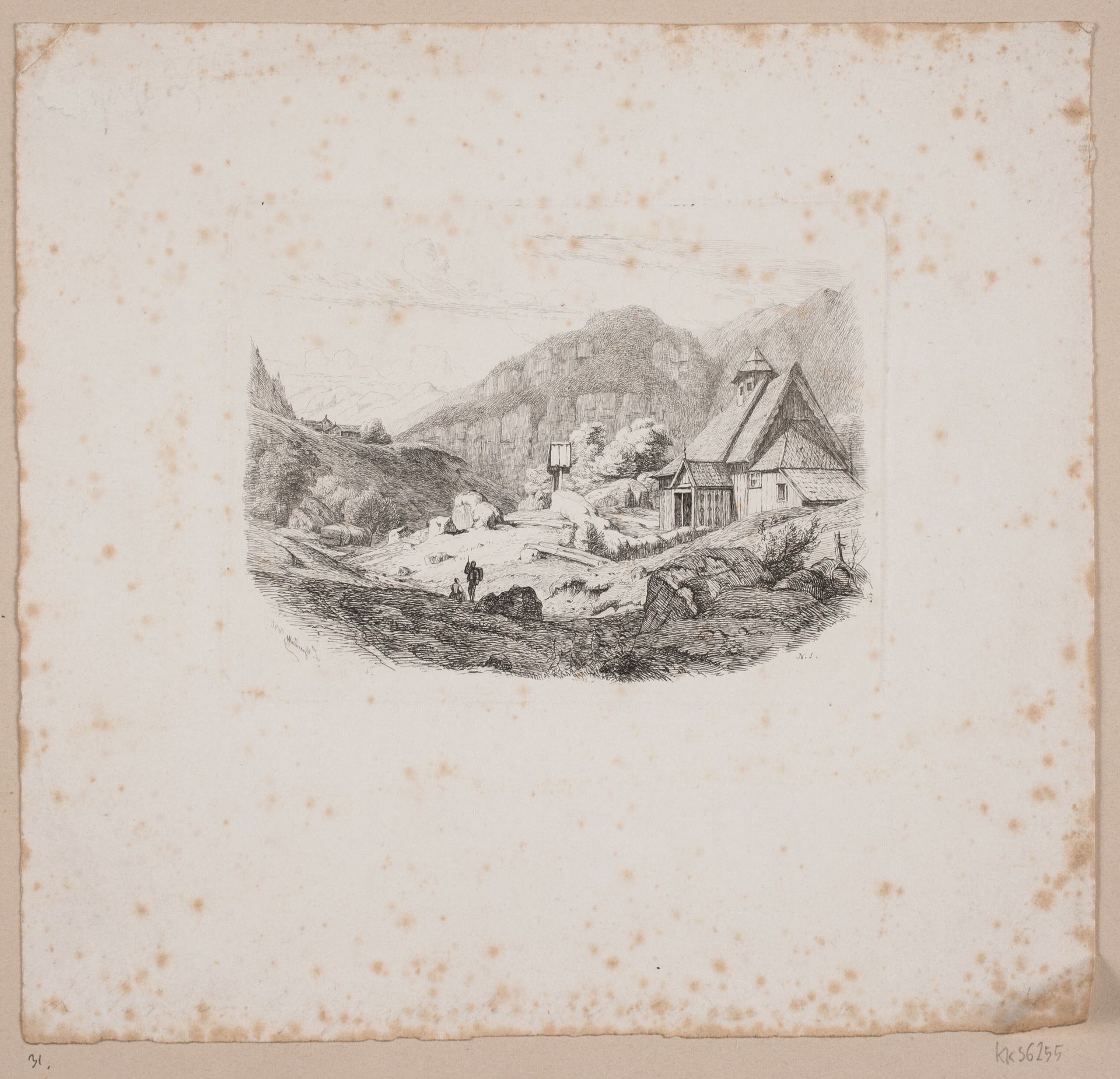 Landskab med en trækirke by Louis Gurlitt