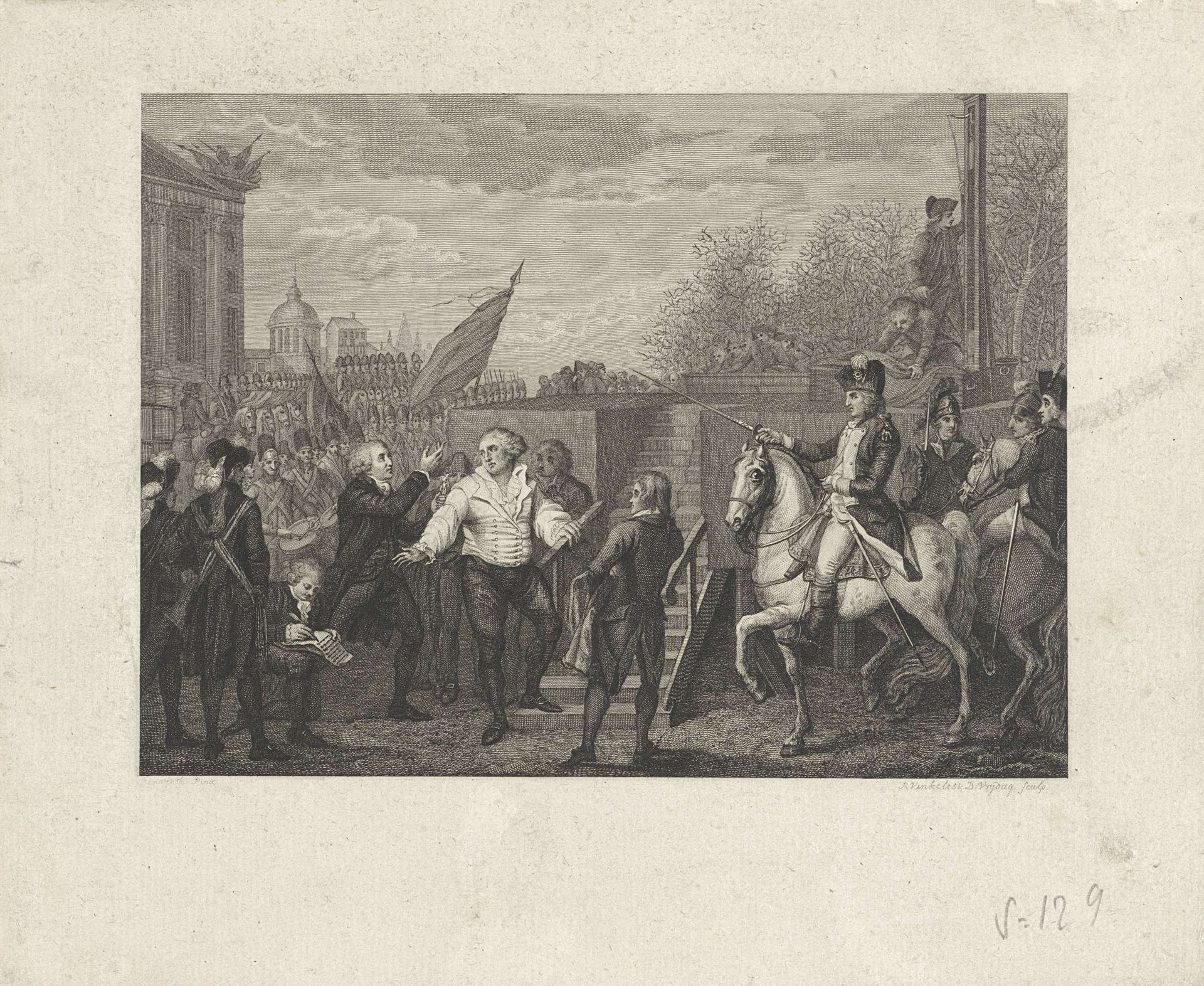 Lodewijk XVI betreedt de trap naar de guillotine by Reinier Vinkeles