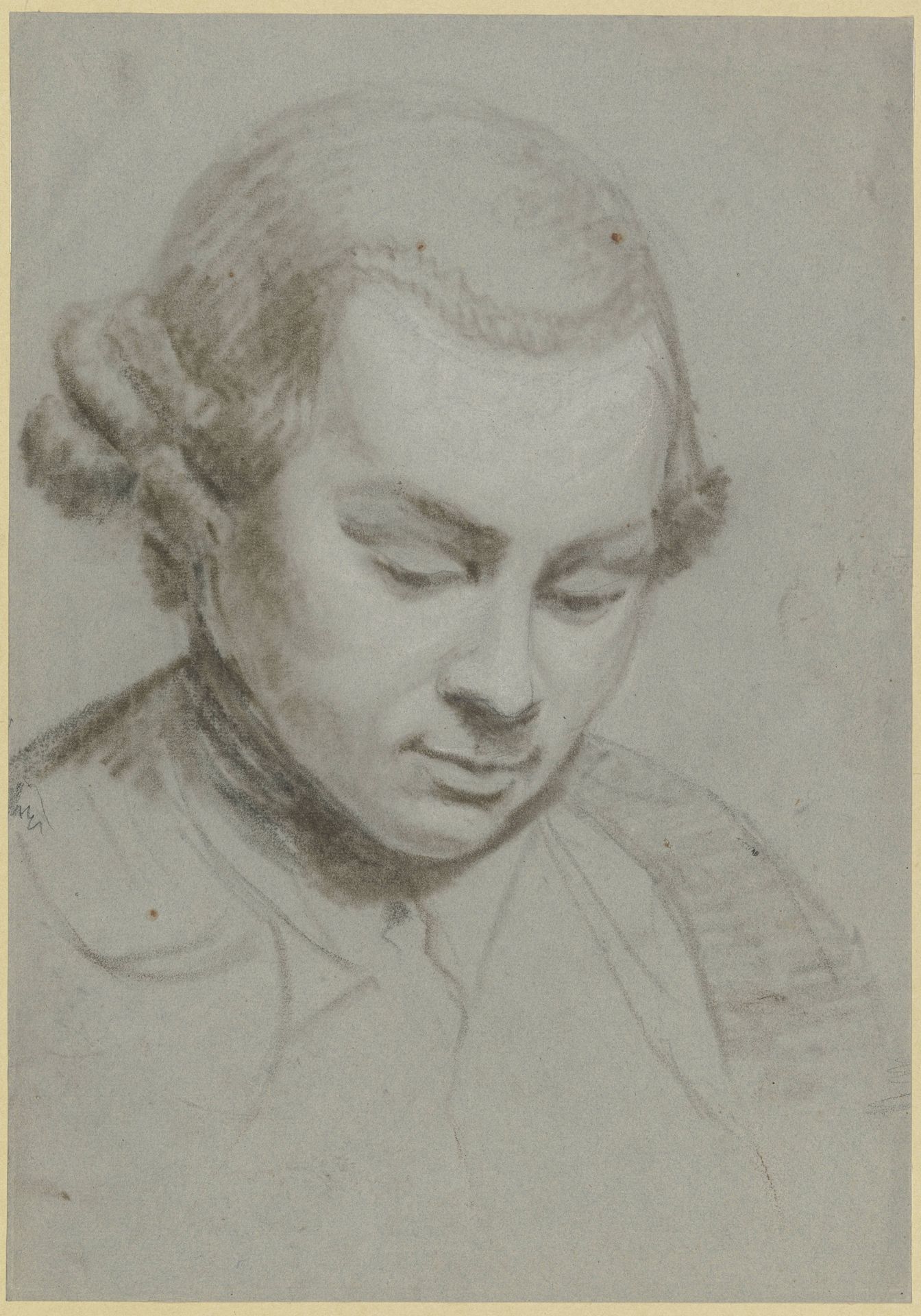 Brustbild eines bartlosen Mannes, der nach unten blickt by Johann Friedrich August Tischbein