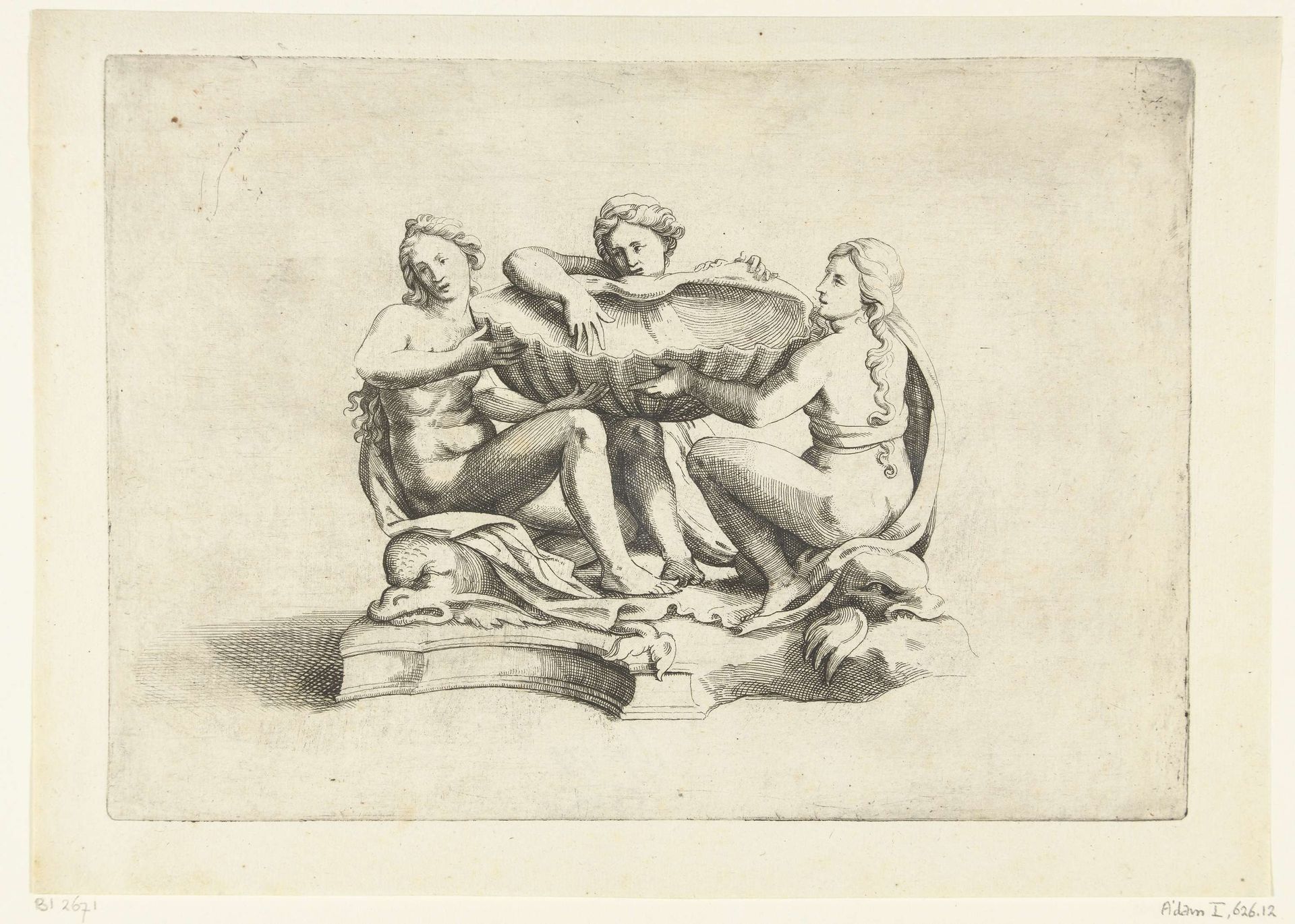 Schelpvormige schaal, gedragen door drie vrouwen by Hendrik van der (II) Borcht