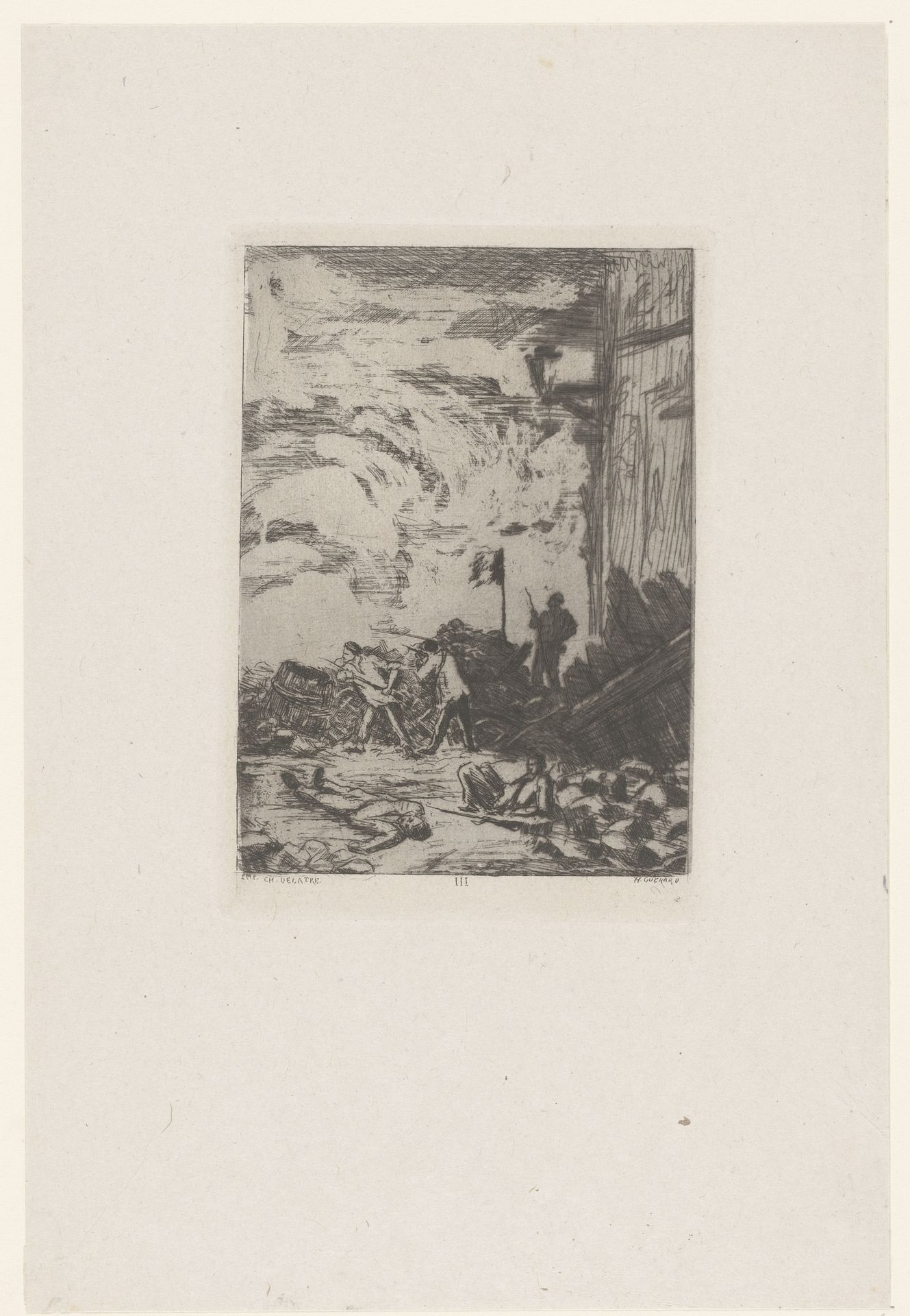 Opstand met mannen bij een barricade by Henri-Charles Guérard