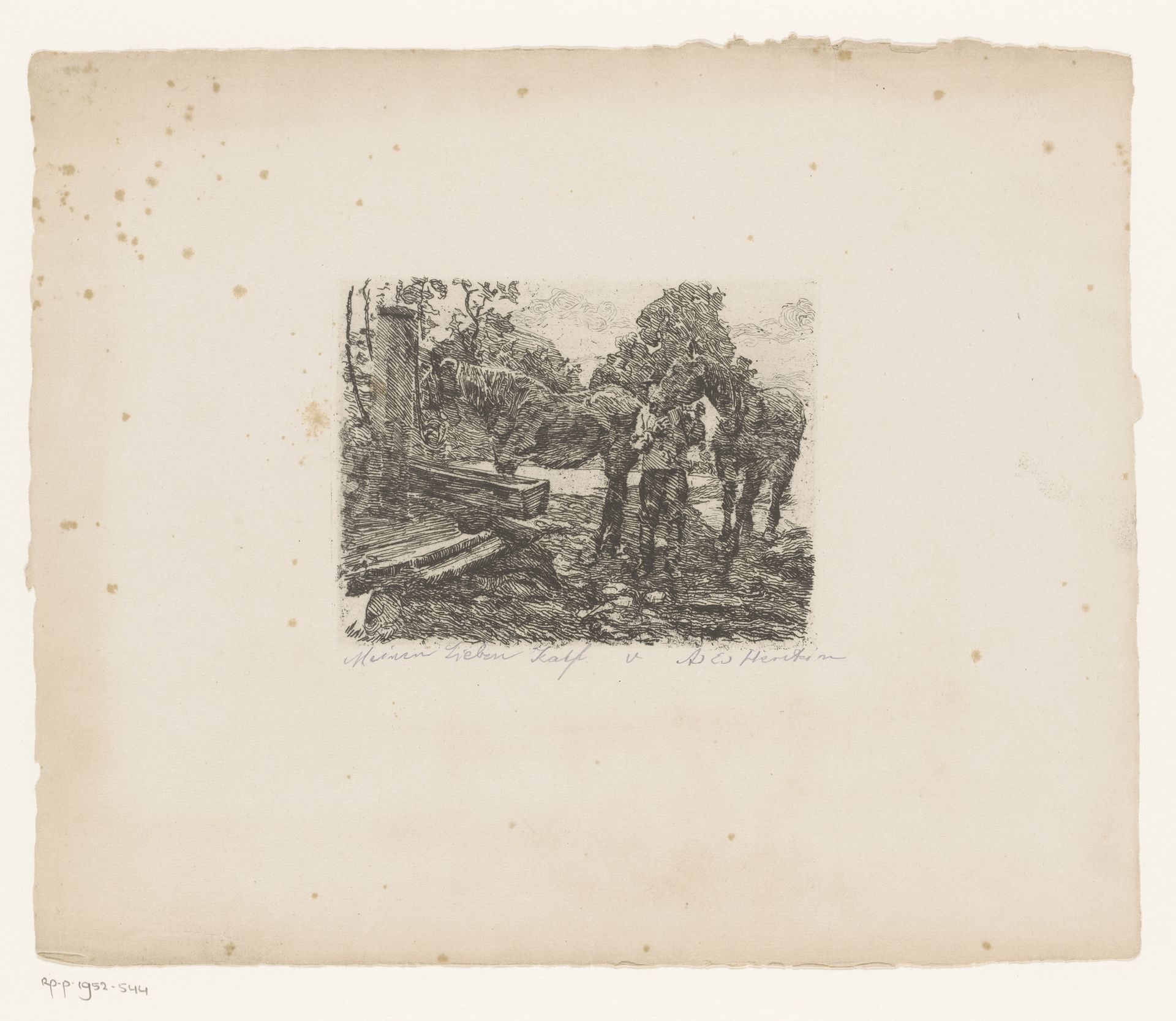 Twee paarden bij drinkbak by Adolf Eduard Herstein