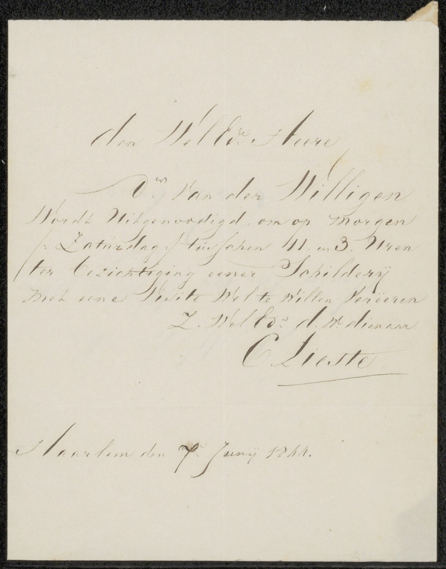 Brief aan Adriaan van der Willigen Pz by Cornelis Lieste