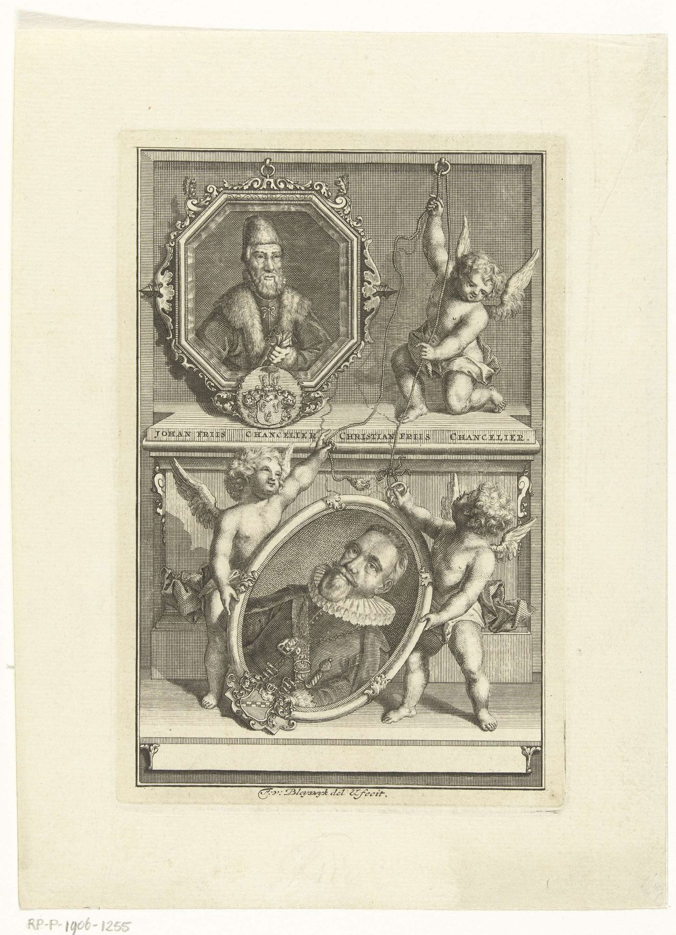 Twee portretten van Johan en Christian Friss, kanseliers van Denemarken, worden op een sokkel geplaatst door drie putti by François van Bleyswijck