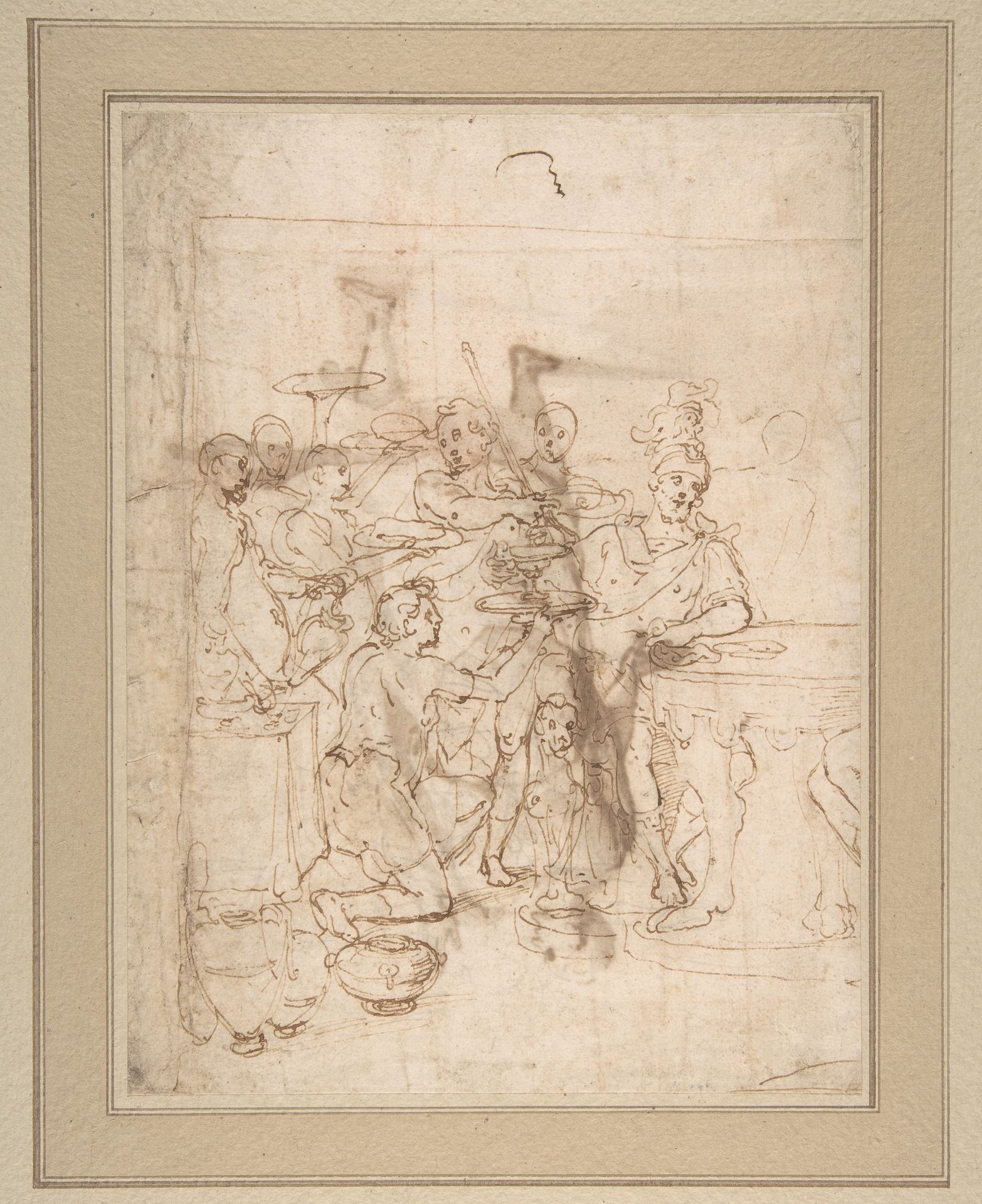 Banquet Scene: A Seated Warrior Attended by a Number of Servants (recto); Back View of a Standing Man in a Long Cloak (verso) by Cesare Nebbia
