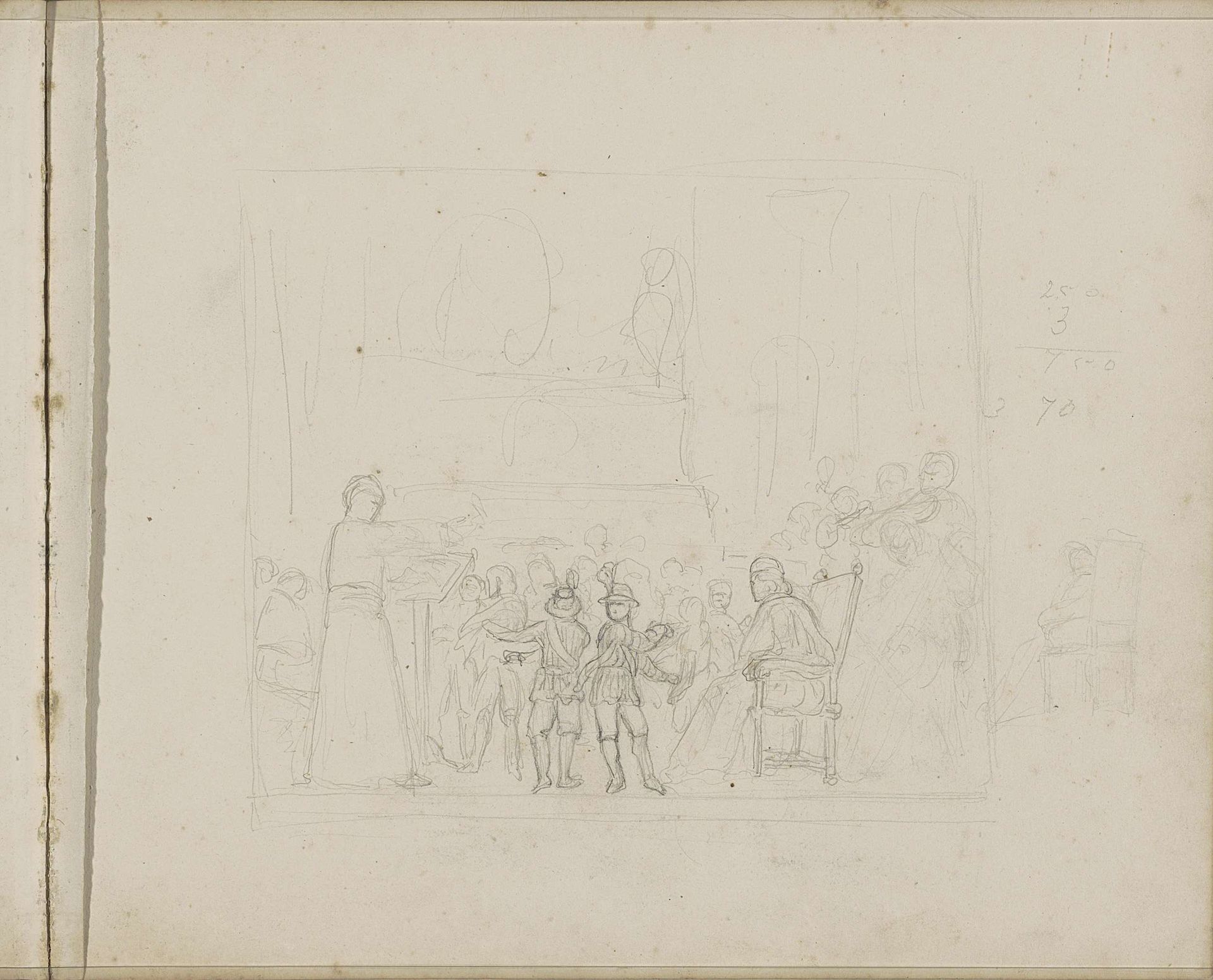 Interieur met figuren die naar een lezing luisteren by Gerrit Postma