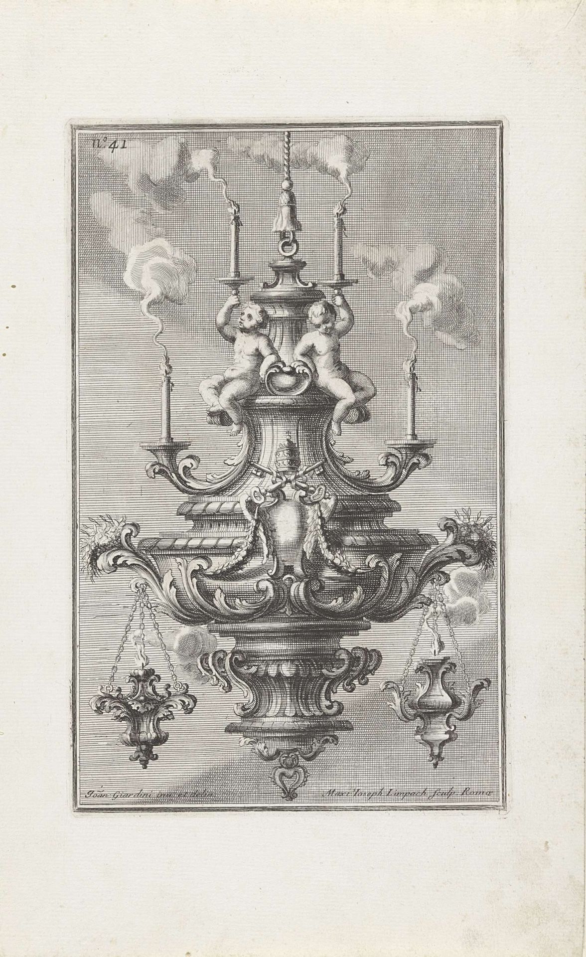Kroonluchter met twee putti en een pauselijk wapen by Maximilian Joseph Limpach