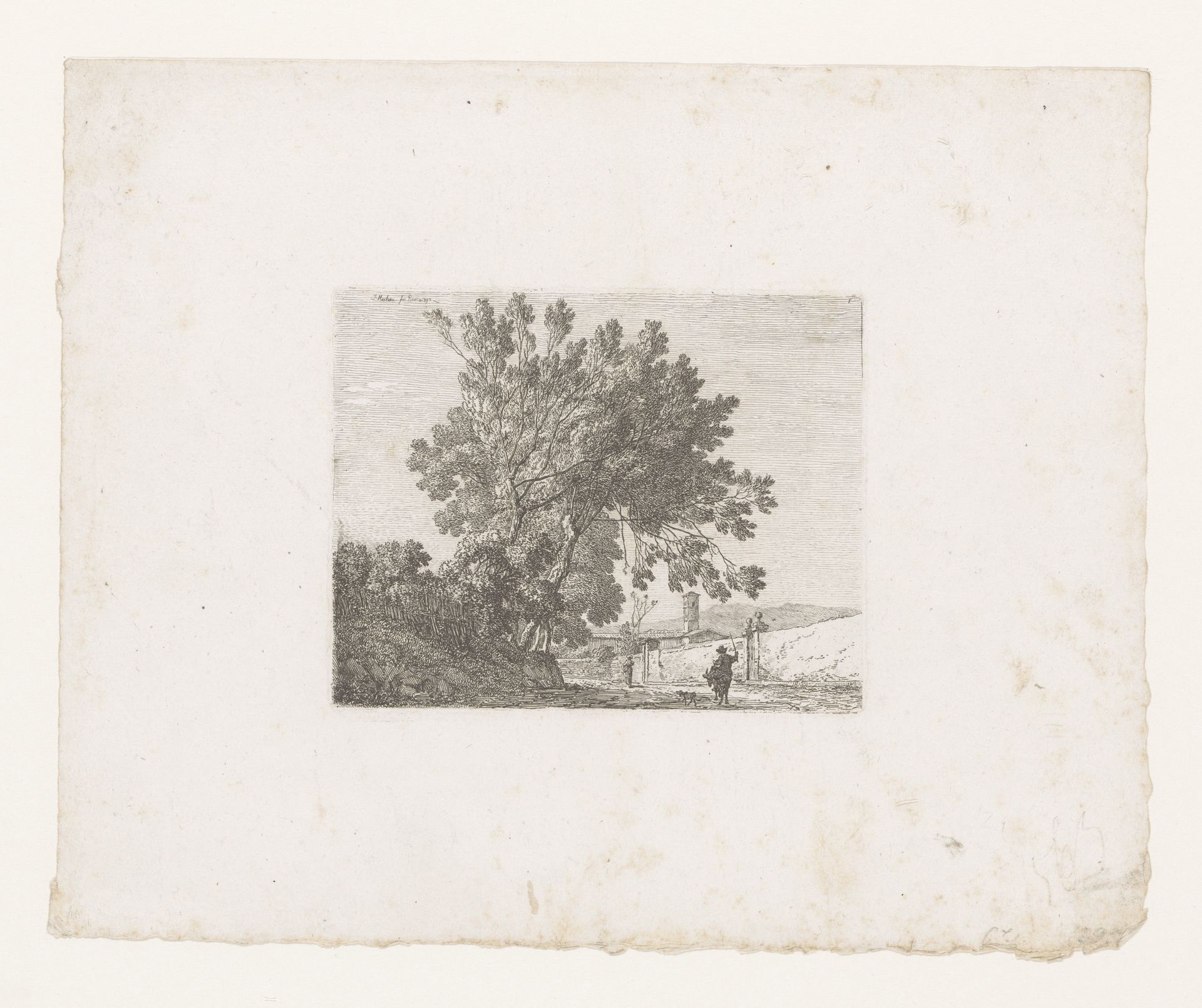 Italiaans landschap met stadsmuur en man op ezel by Jacob Wilhelm Mechau