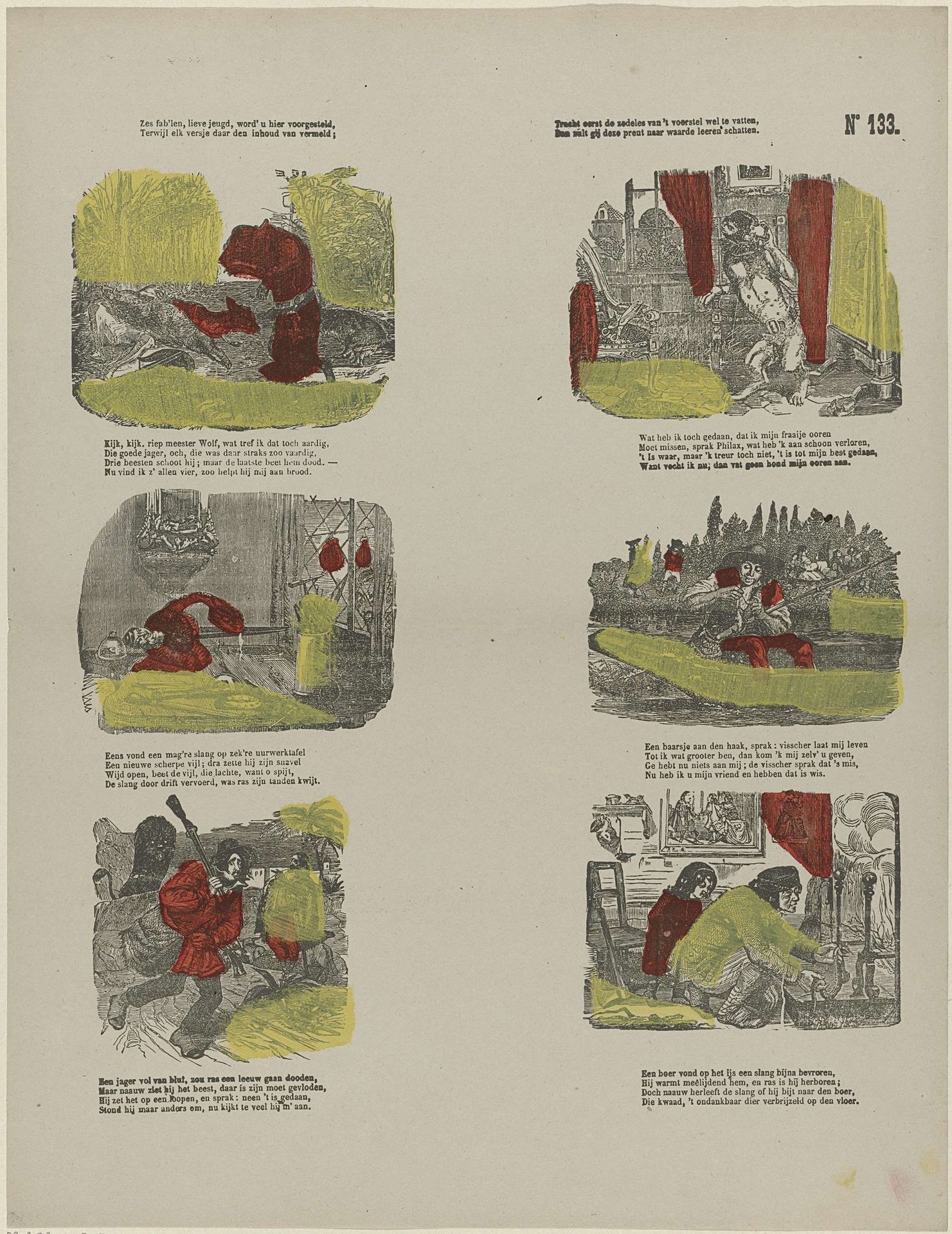 Zes fab'len, lieve jeugd, word' u hier voorgesteld, / Terwijl elk versje daar den inhoud van vermeld; / Tracht eerst de zedeles van 't voorstel wel te vatten, / Dan zult gij deze prent naar waarde leeren schatten by M. Hemeleers-van Houter