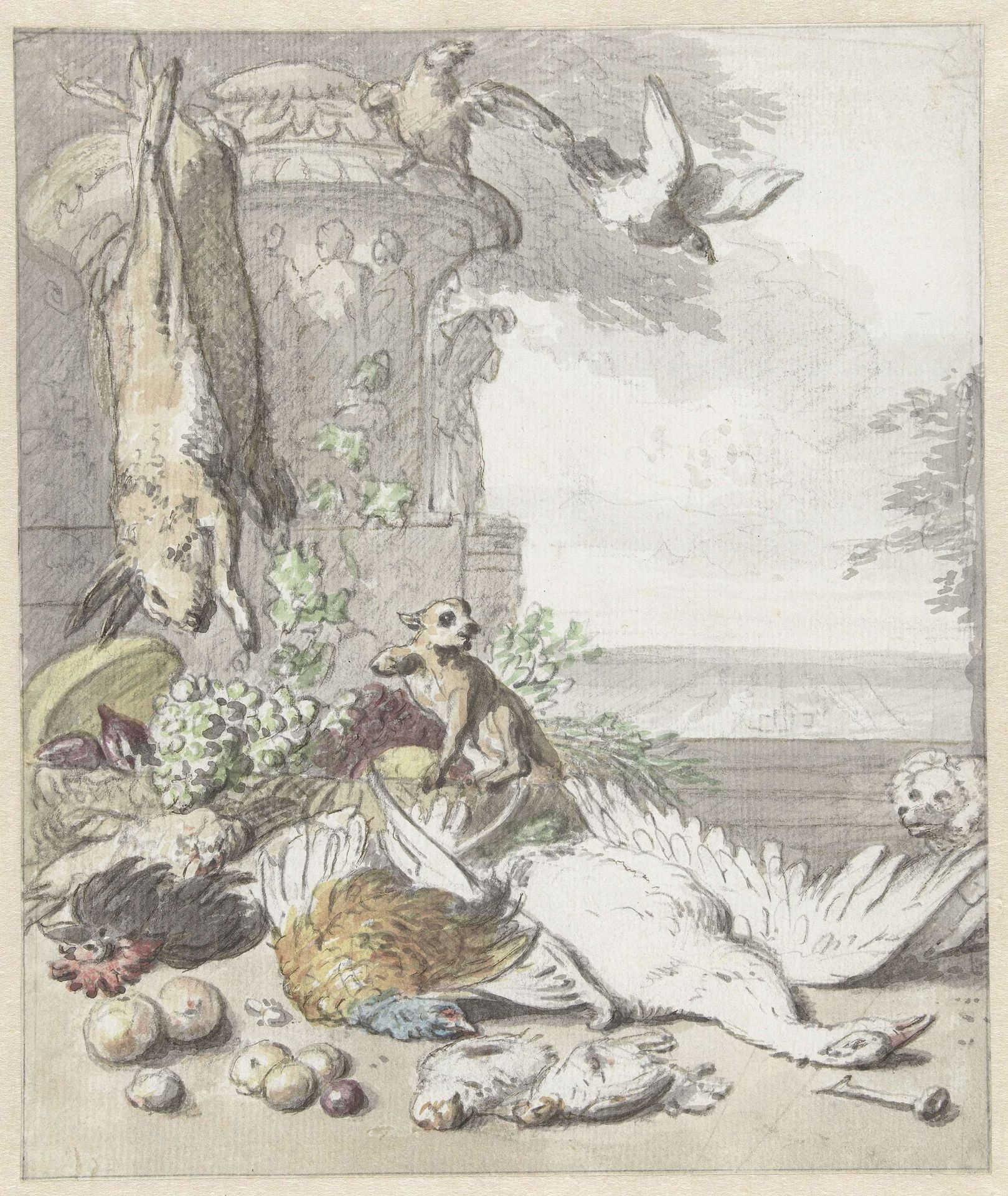 Dood wild, een aap, een hond en enige vogels by Jan Weenix
