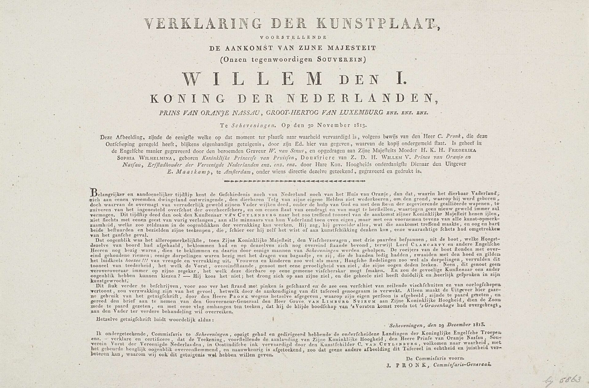Verklaring der Kunstplaat, voorstellende de aankomst van zijne Majesteit (Onzen tegenwoordigen Souverein) Willem den I. Koning der Nederlanden (...) Te Scheveningen. Op den 30 November 1813 by Evert Maaskamp