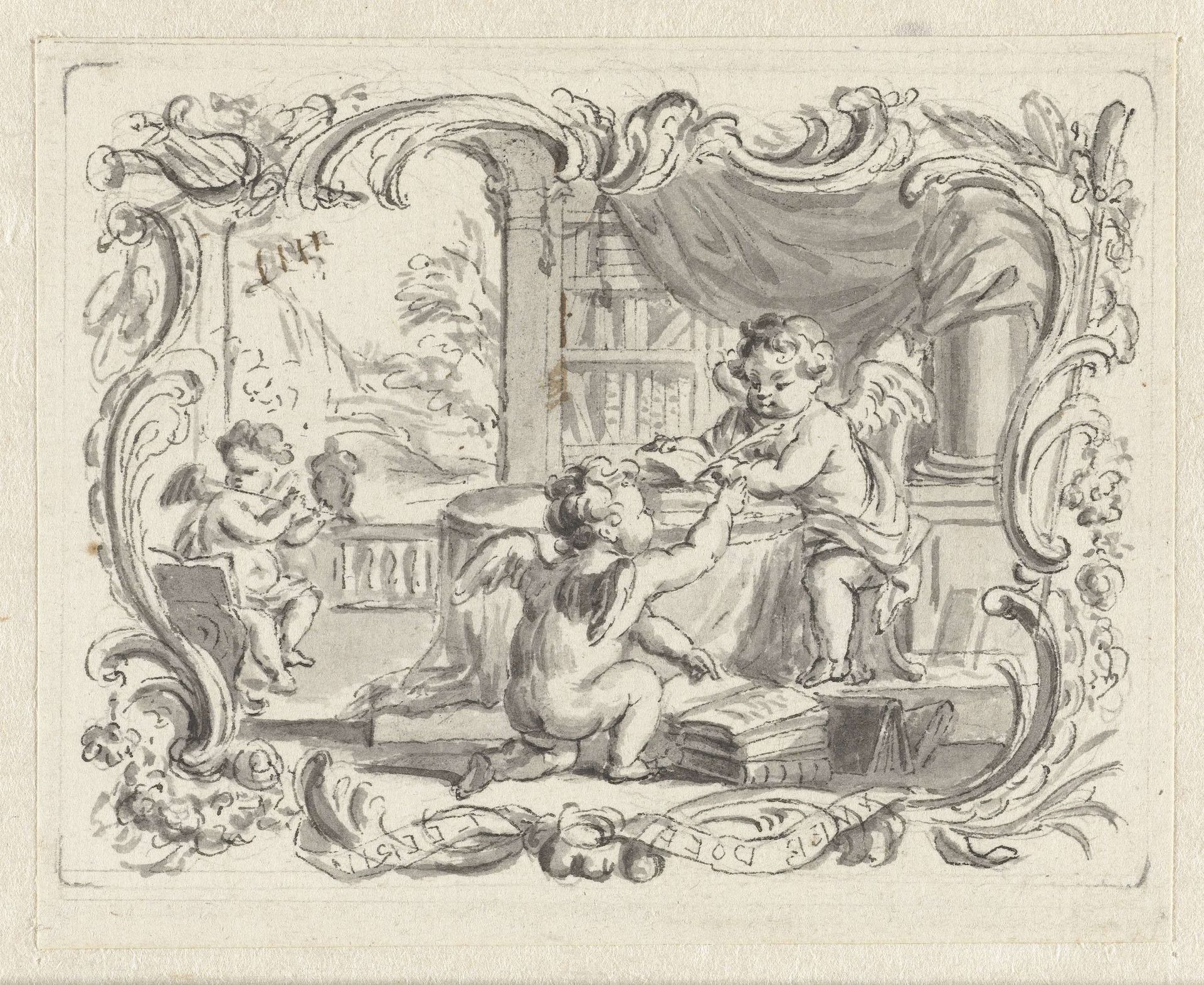 Vignet met putto, schrijvend in studeervertrek by Abraham Delfos