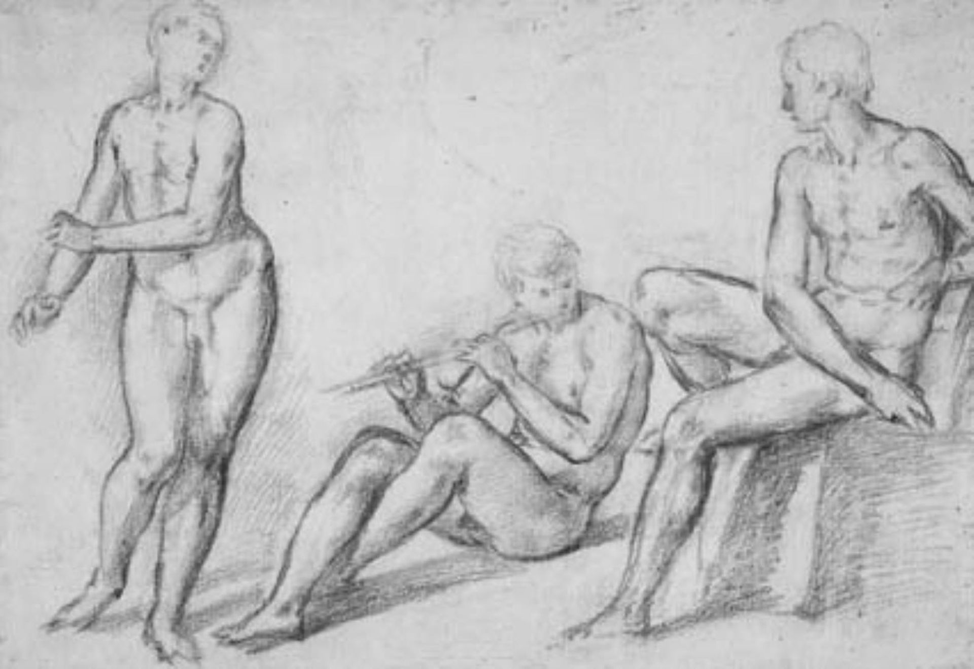 Study of three nude young men, the one on the left standing, the one in the middle seated on the ground playing a flute, the one on the right seated in a chair by Giovanni Battista Naldini