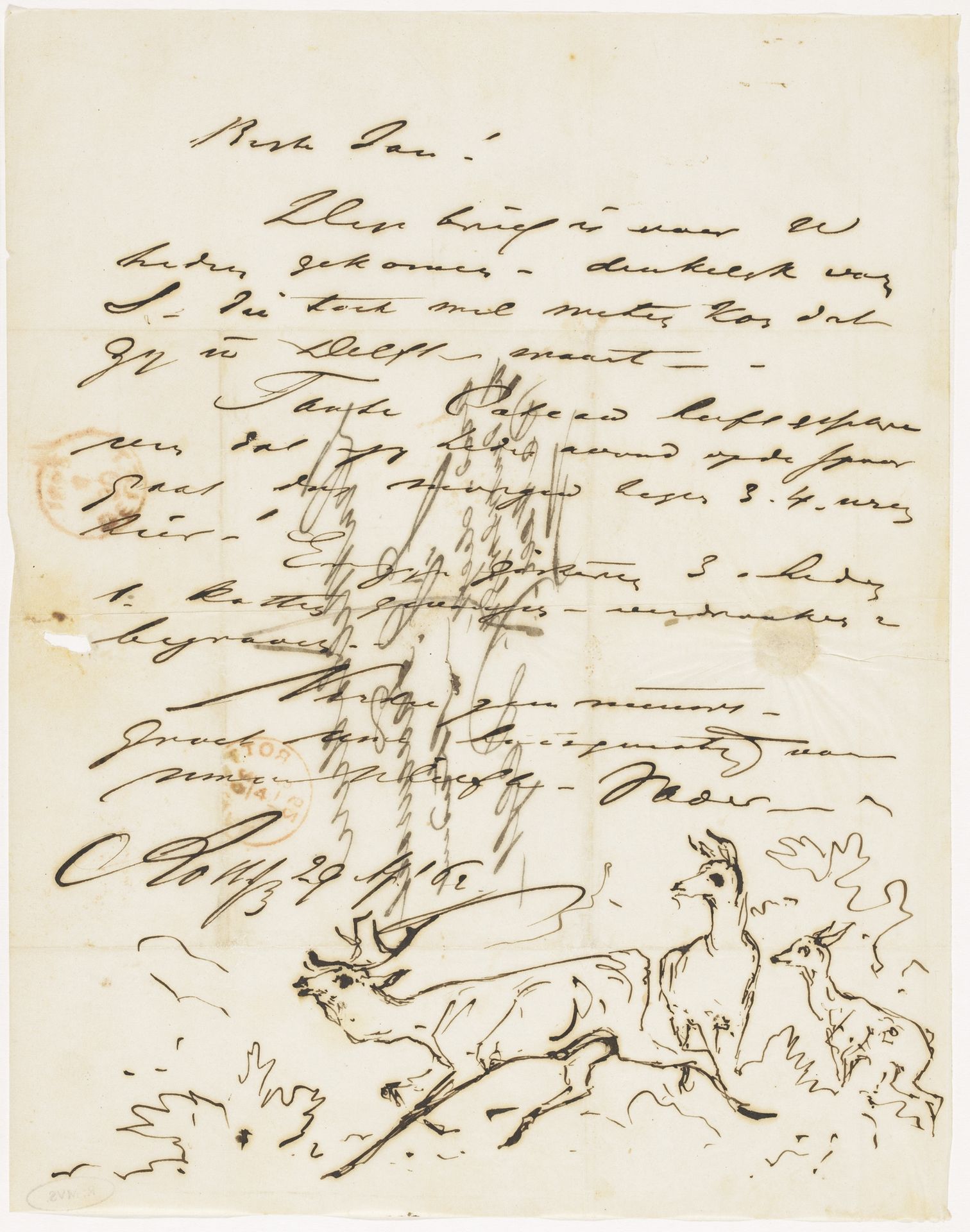 Brief van Johannes Tavenraat met schets van herten by Johannes Tavenraat