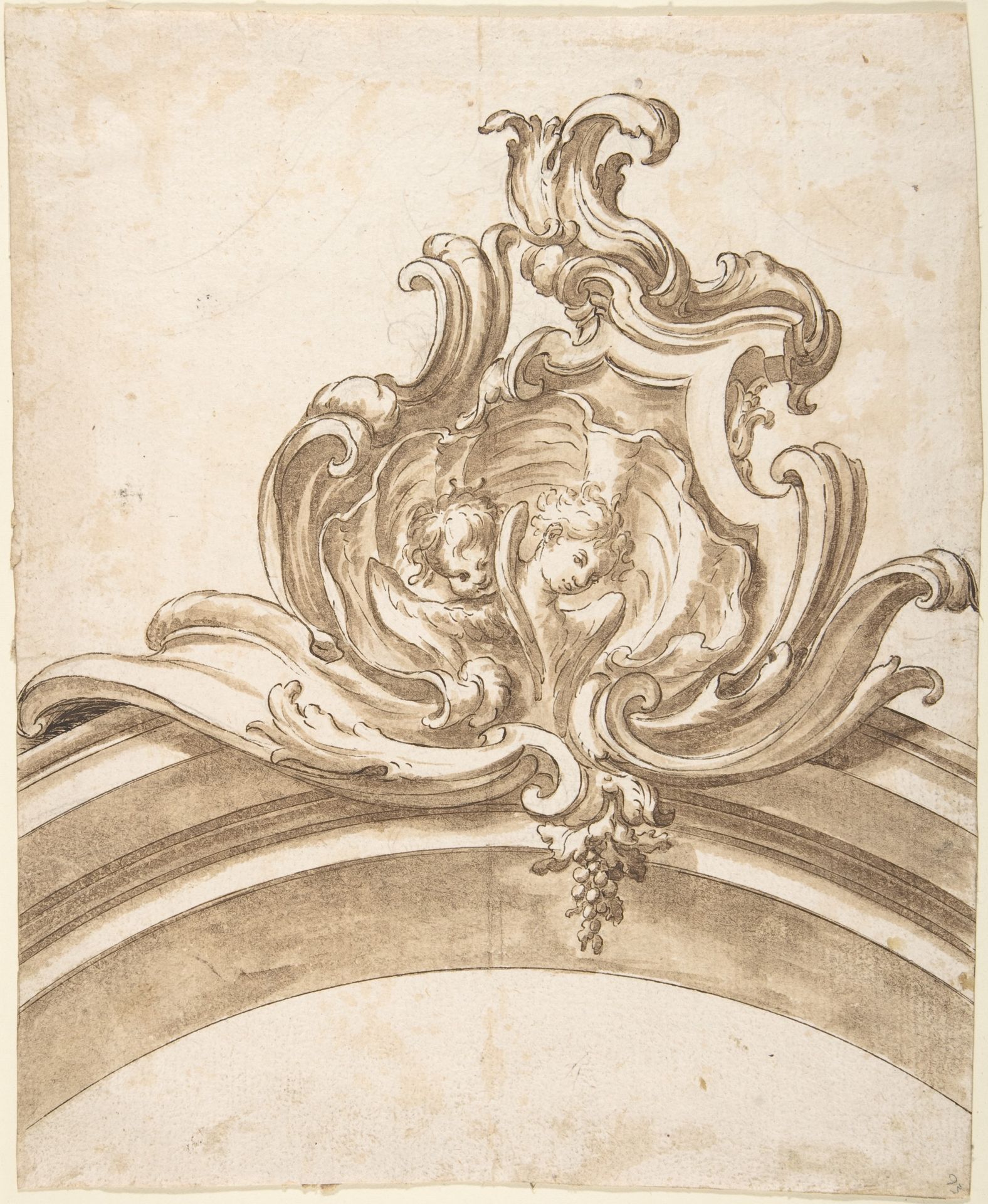 Design for a Cartouche with Two Putti Heads inside a Shell, Atop of an Arch by Anonymous