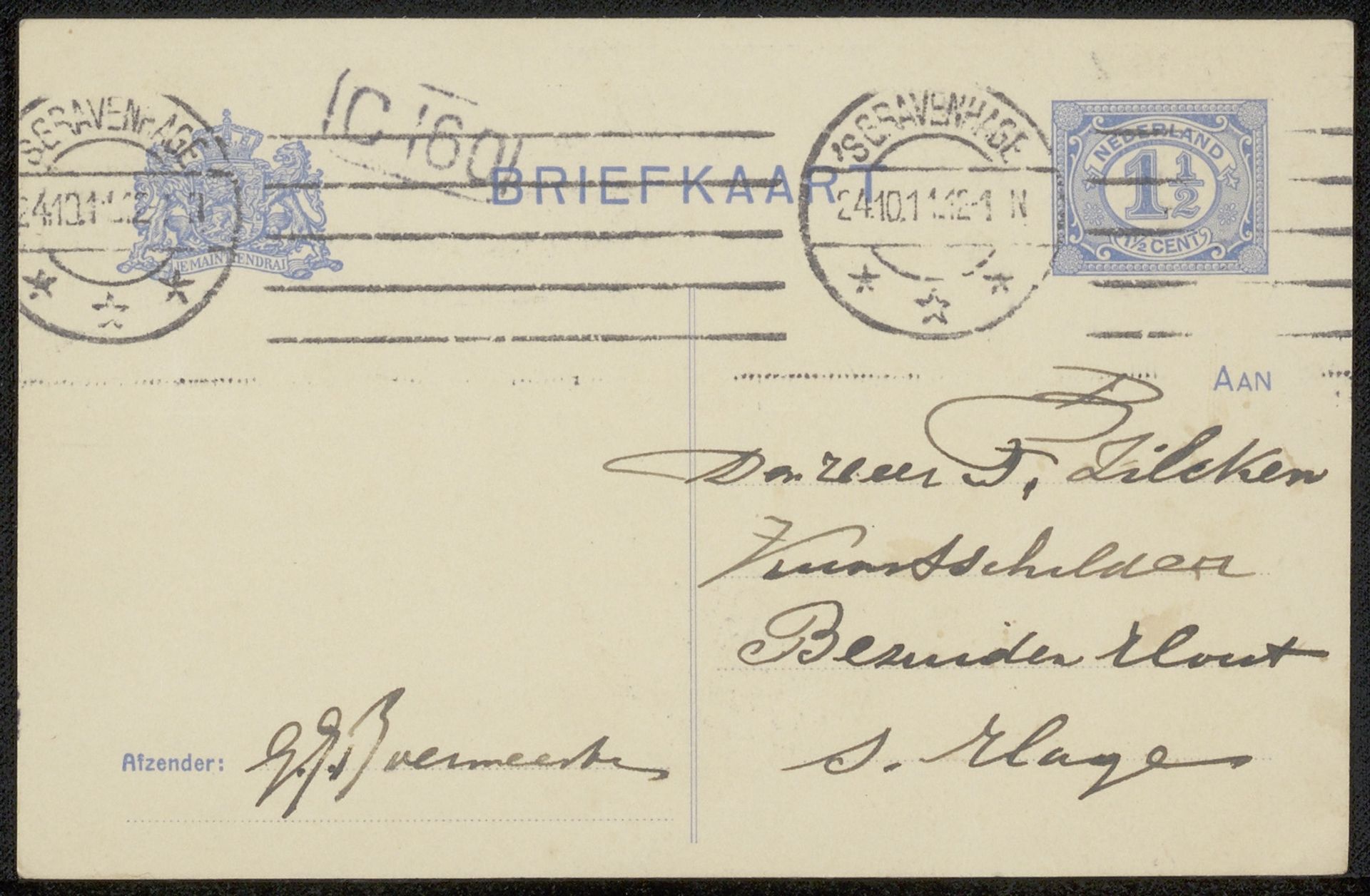 Briefkaart aan Philip Zilcken by Gerardus Johannes Roermeester