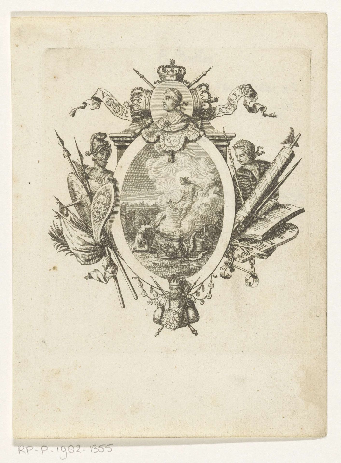 Apollo zittend op wolken en knielende figuur by François van Bleyswijck
