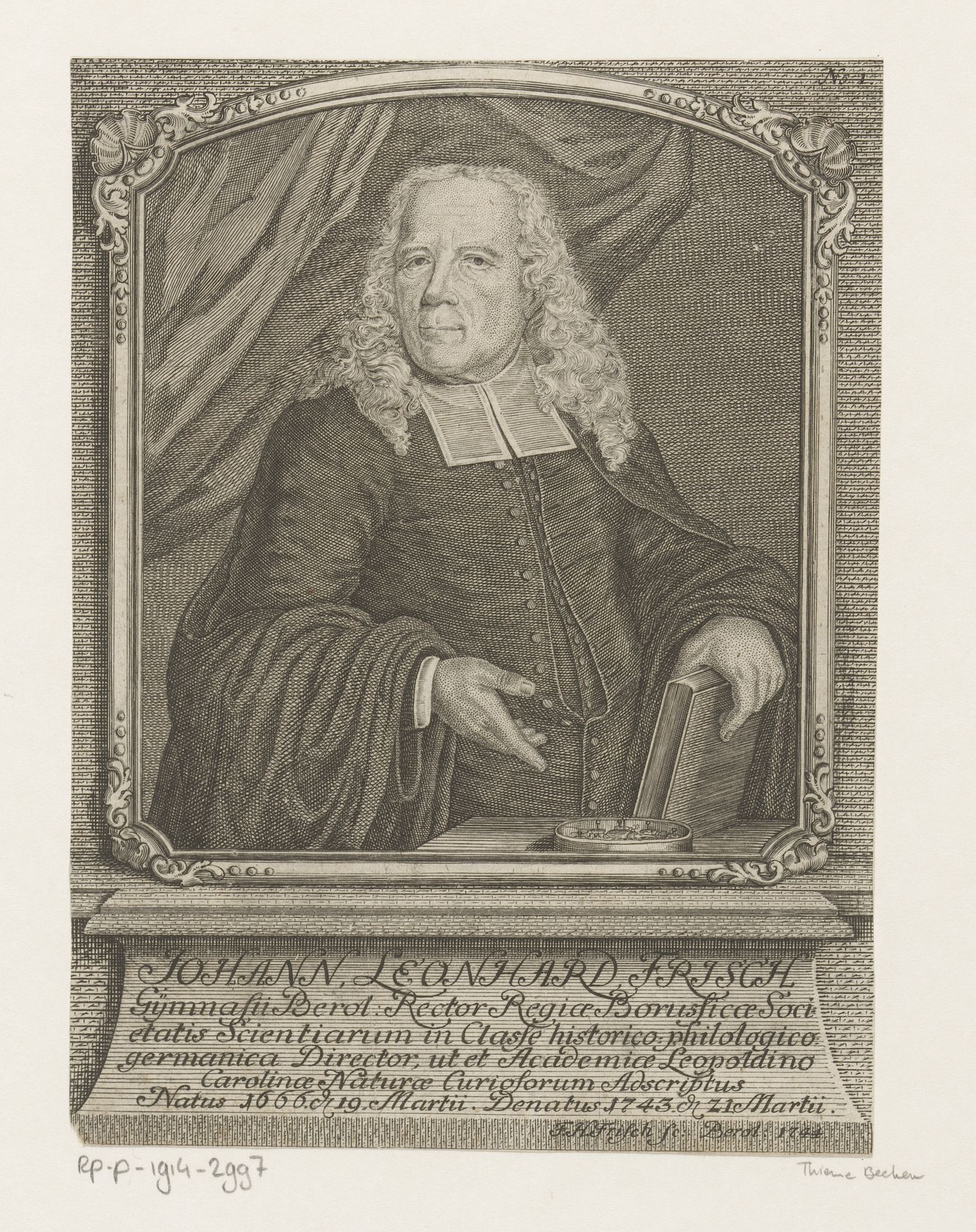 Portret van Johann Leonhard Frisch by Ferdinand Helfreich Frisch
