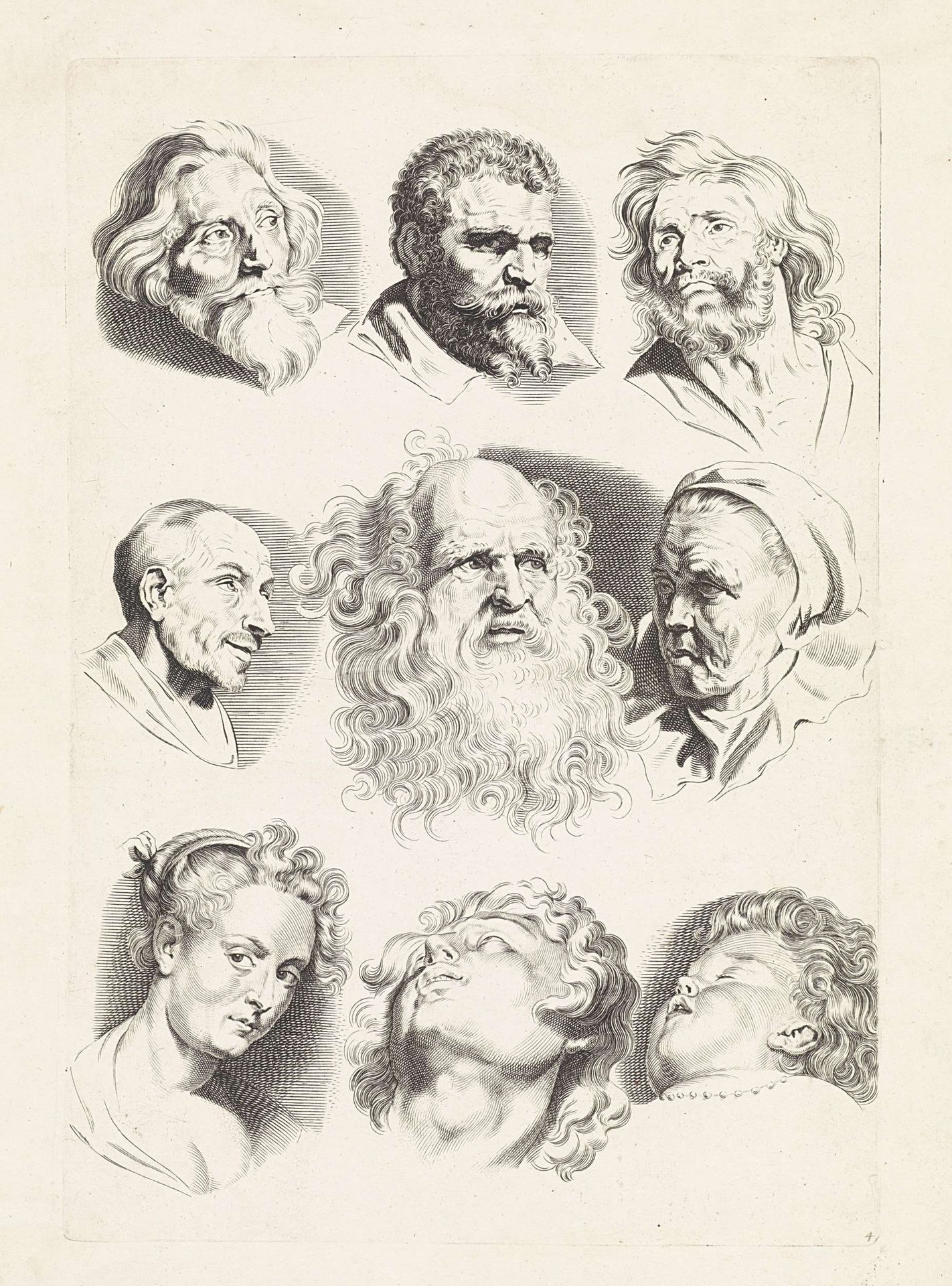 Studies van negen hoofden by Paulus Pontius