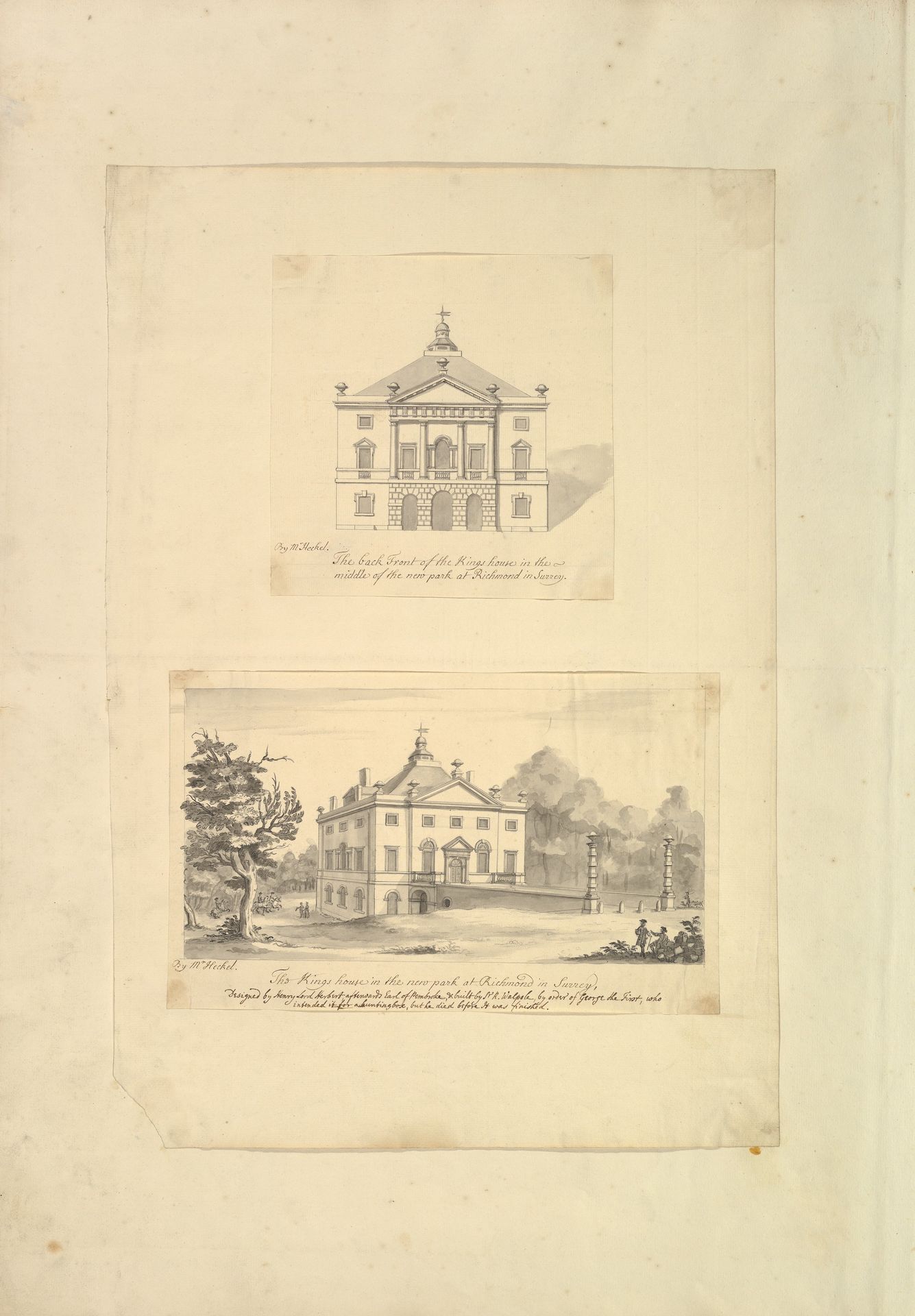 Leaf from Aedes Walpolinae mounted with (a): Elevation of Back Facade of the Kings House, Richmond, Surrey and (b): Perspective View of the Entrance Front of the Kings House, Richmond, Surrey by Augustus Heckel
