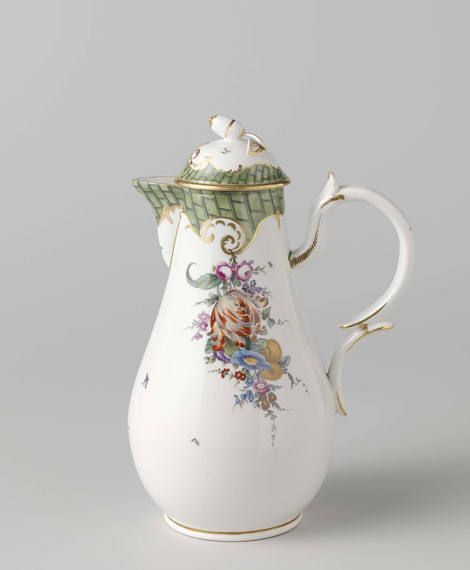 Koffiekan met deksel, beschilderd met bloemen en laddermotief by Loosdrecht