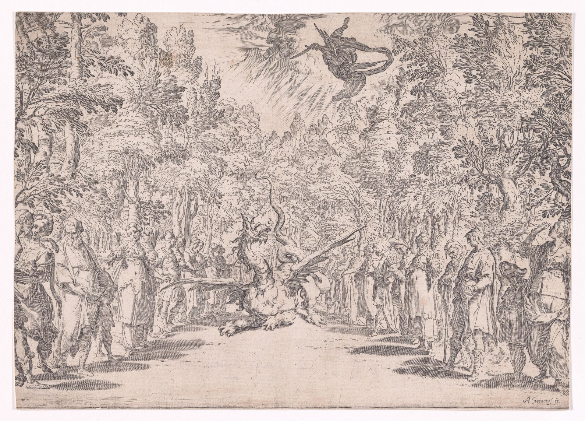Stage set for the marriage of Ferdinand de' Medici and Christine of Lorraine in Florence in 1589; Apollo and the Python by Agostino Carracci