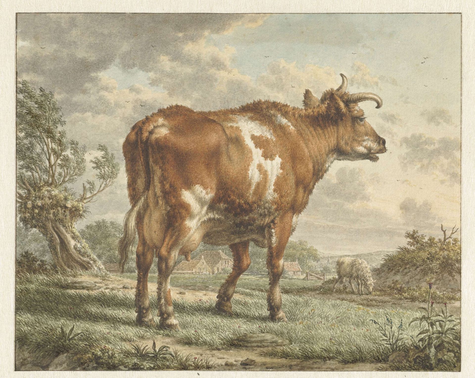Roodbonte koe in een landschap by Jacob Cats