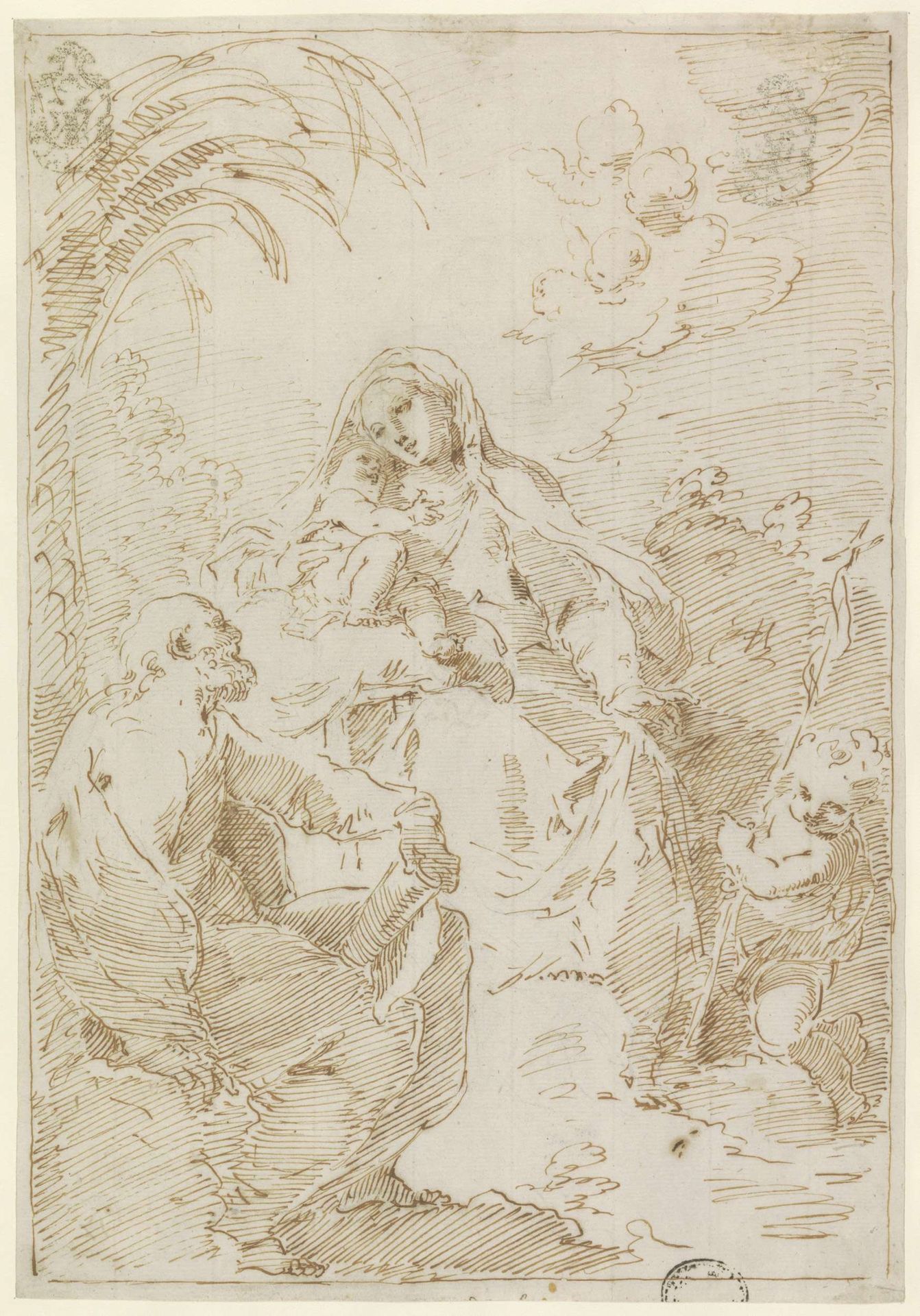 De Heilige Familie met de kleine Johannes de Doper, zittend onder een palmboom by Francesco Fontebasso