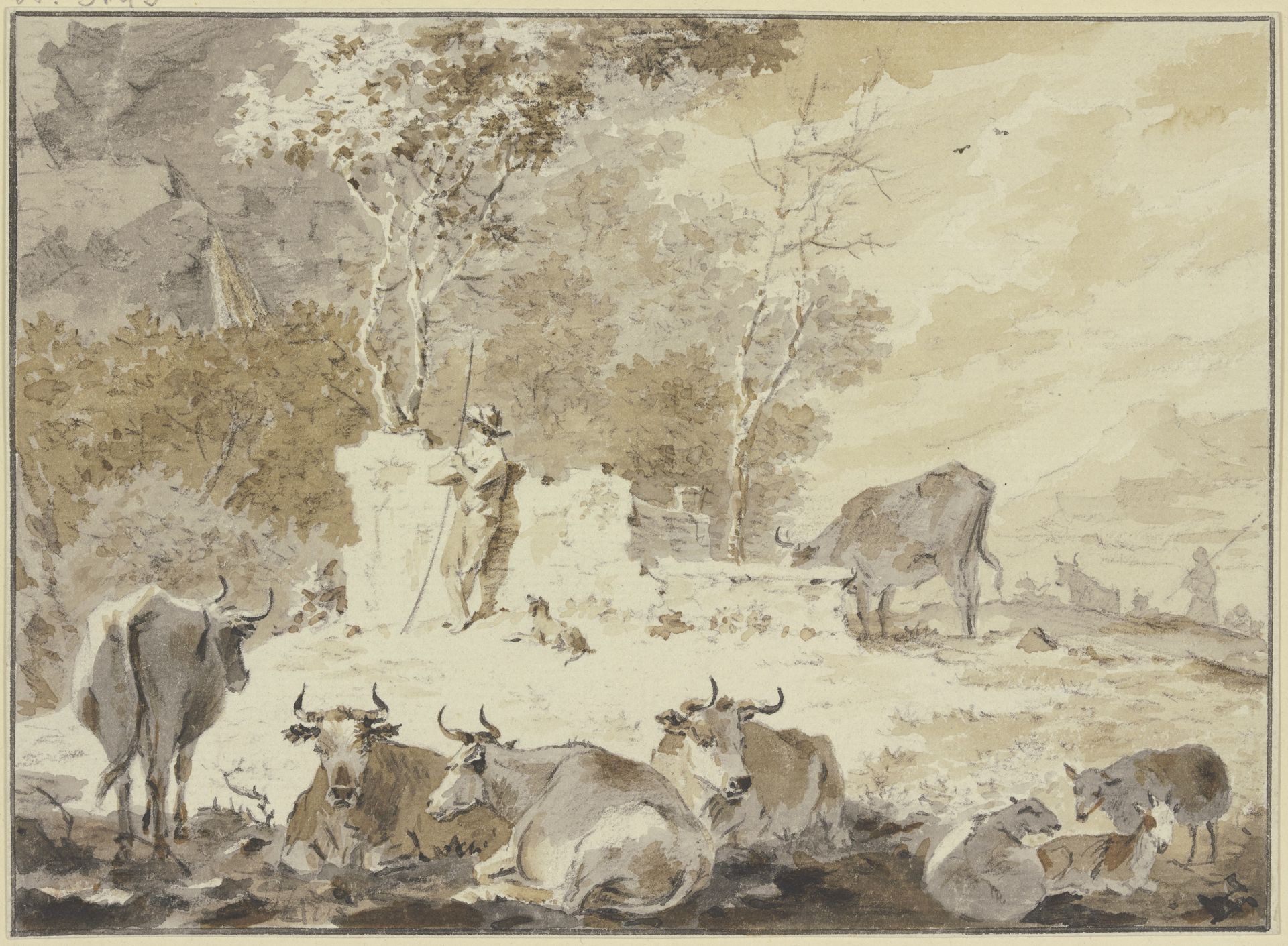 An altem Gemäuer steht links ein Hirte mit seinem Hund, umgeben von verschiedenem Vieh by Cornelis van Noorde